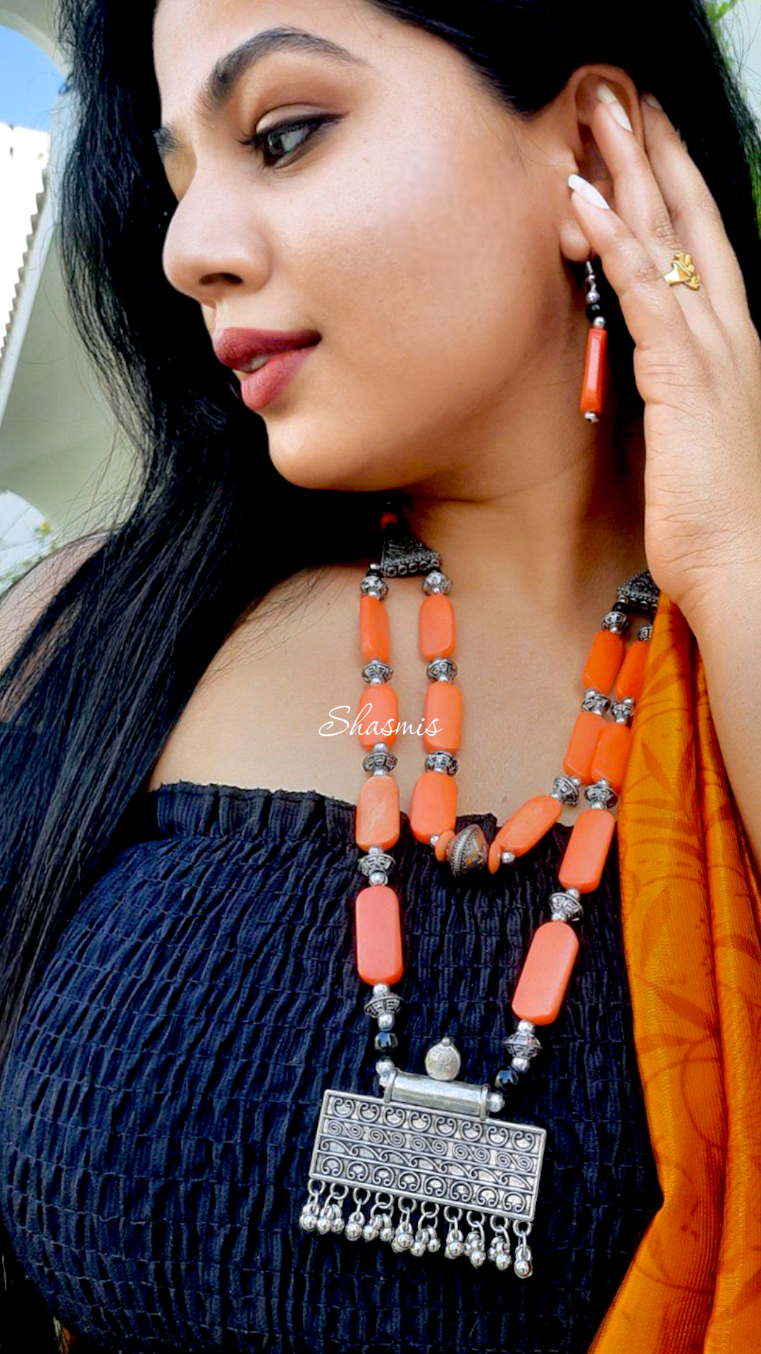 Long Orange Color Beads With Silver Rectangle Pendant With Ghungroo On Drop and Earrings