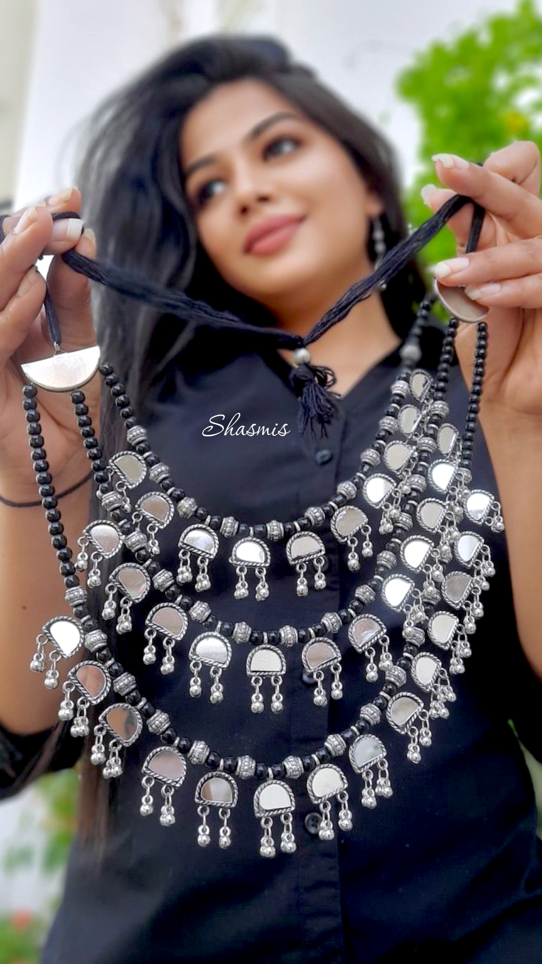 Three Layer Silver Oxidised Mirror Necklace With Ghungroo on Drop