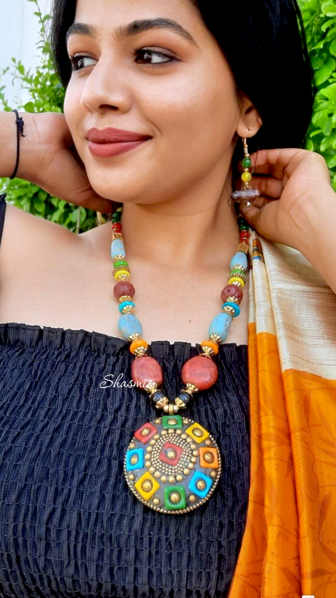 Long Multi Color Beads With Design Pendant Boho Necklace With Earrings