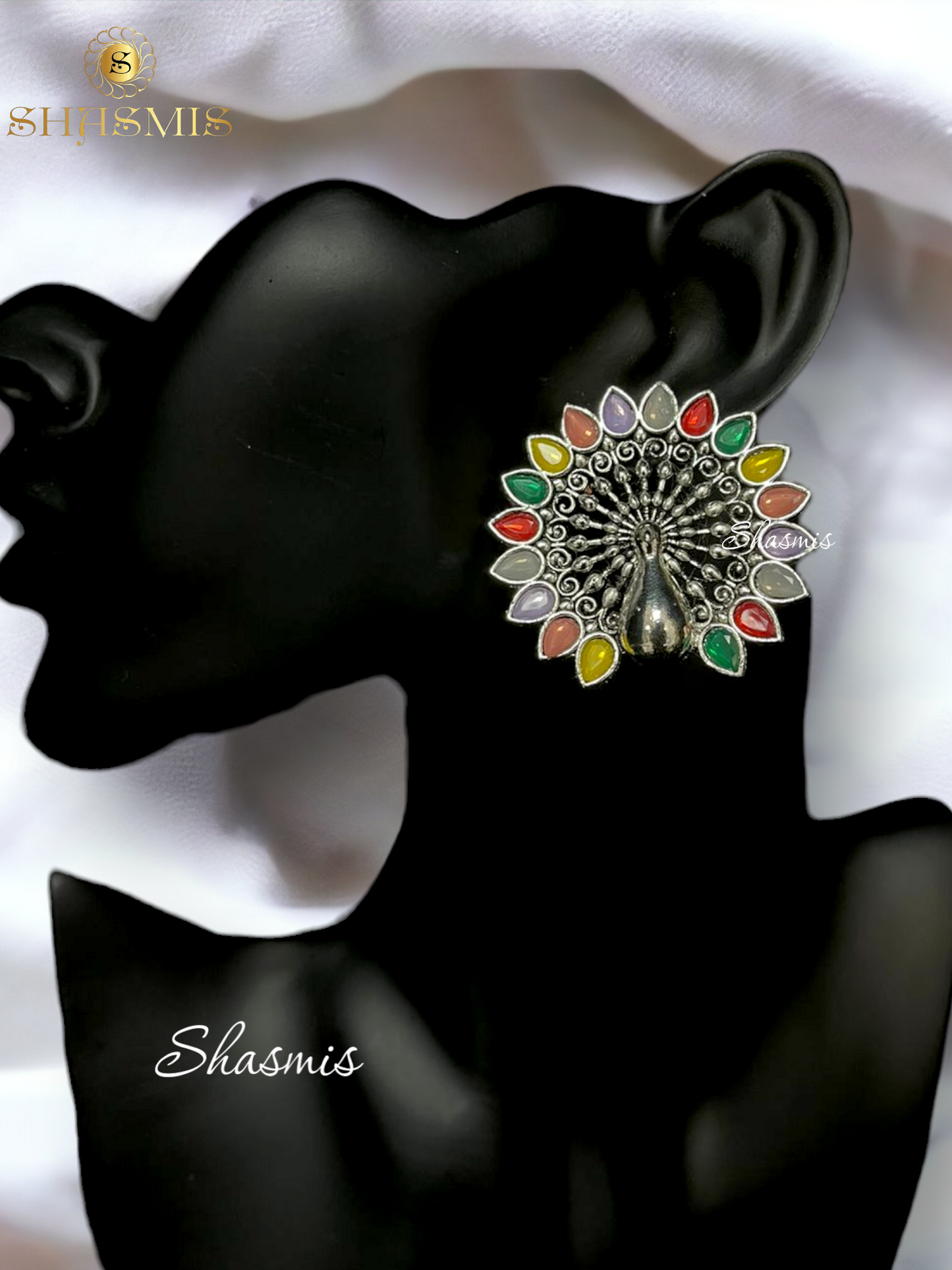 Peacock Design Multi Color Stone Silver Earrings