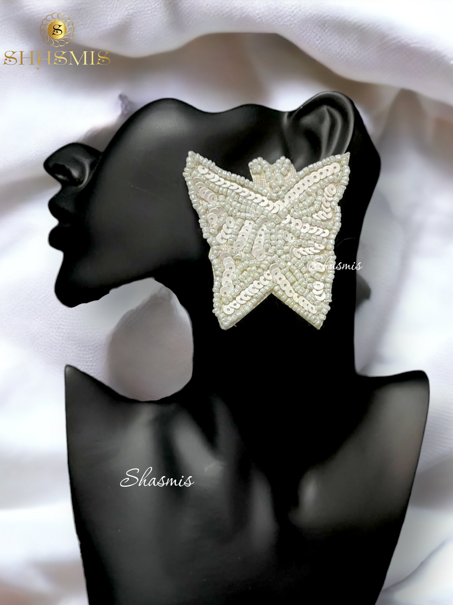 Butterfly Design White Beads Embroidery Earrings