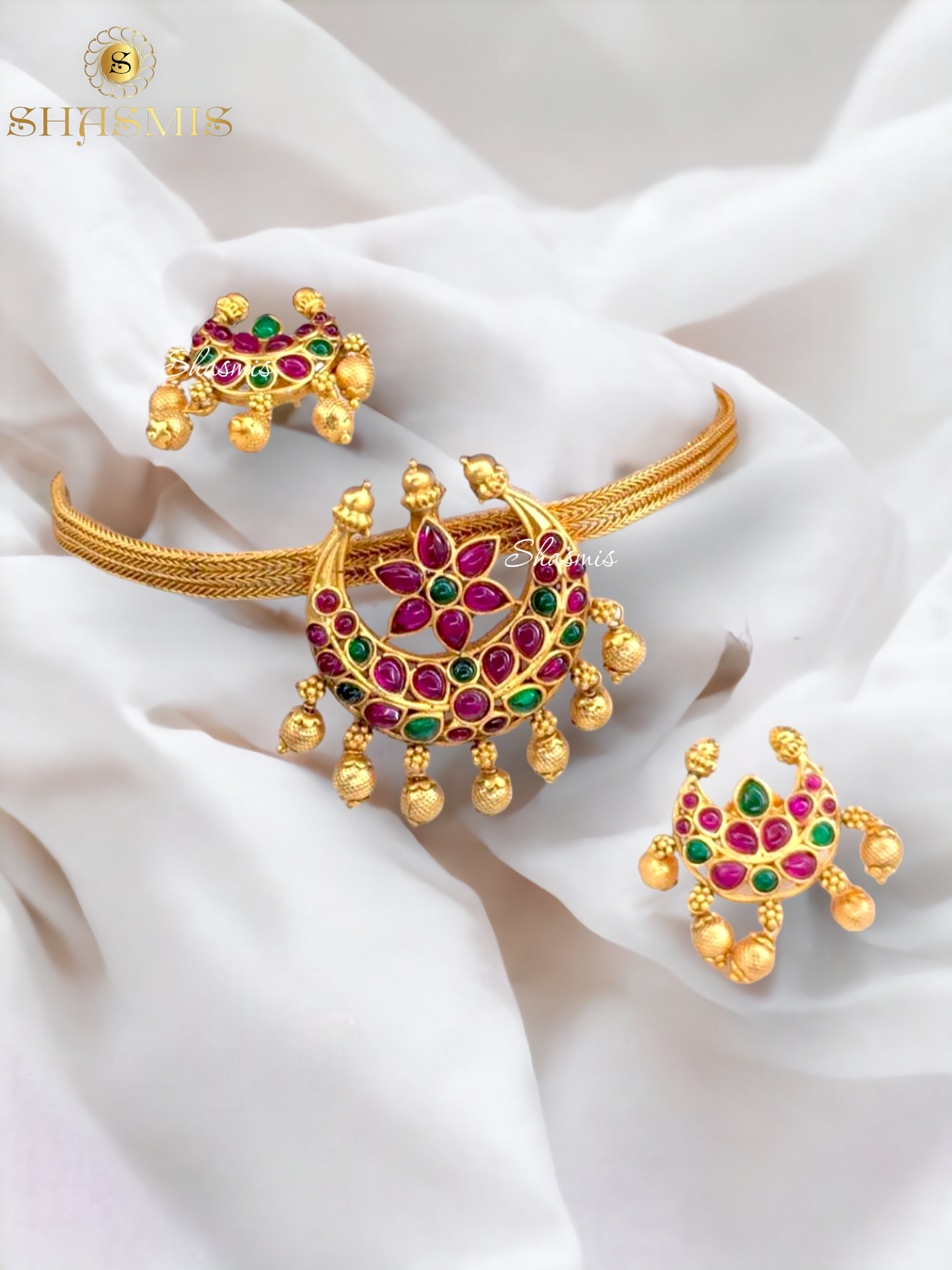 Ruby And Green Stone Design Temple Jewellery Choker With Earrings