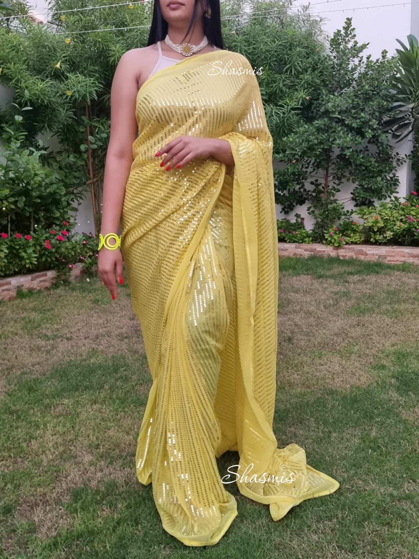 Lemon Yellow Georgette Sequin Saree with Embroidery Work