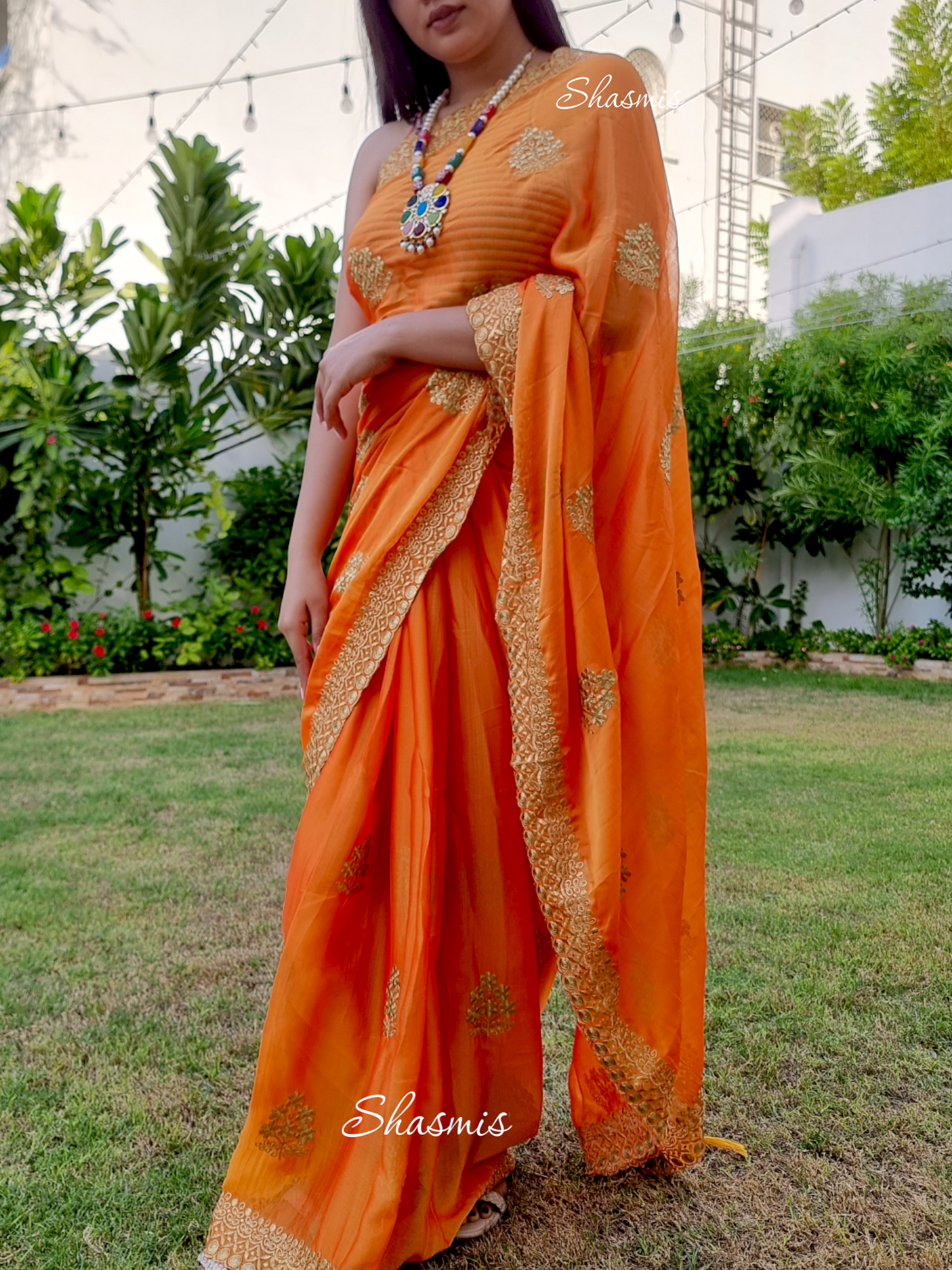 Orange Color Chiffon Saree With Embroidery On Border