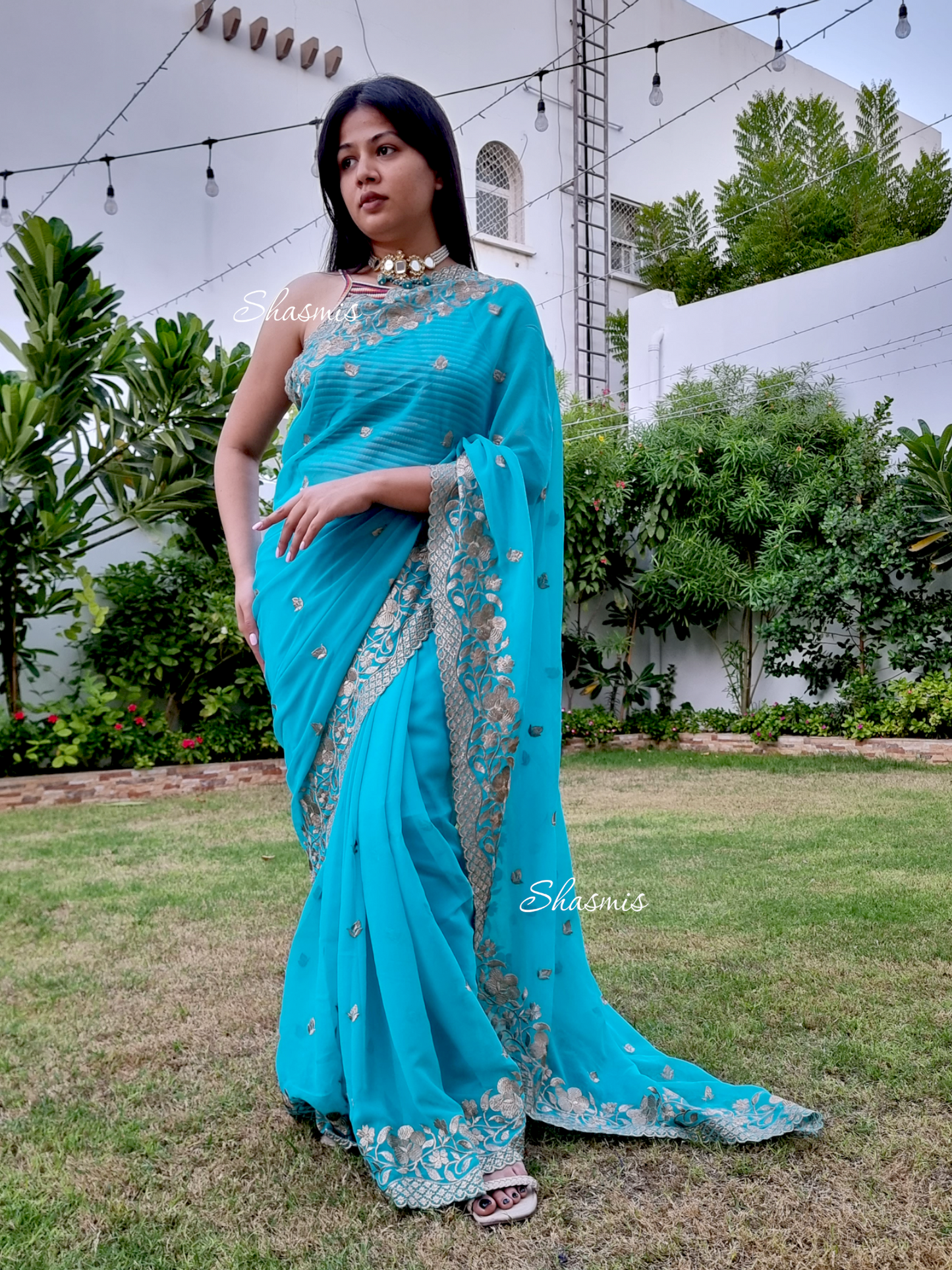Rama Blue Color Silk Saree