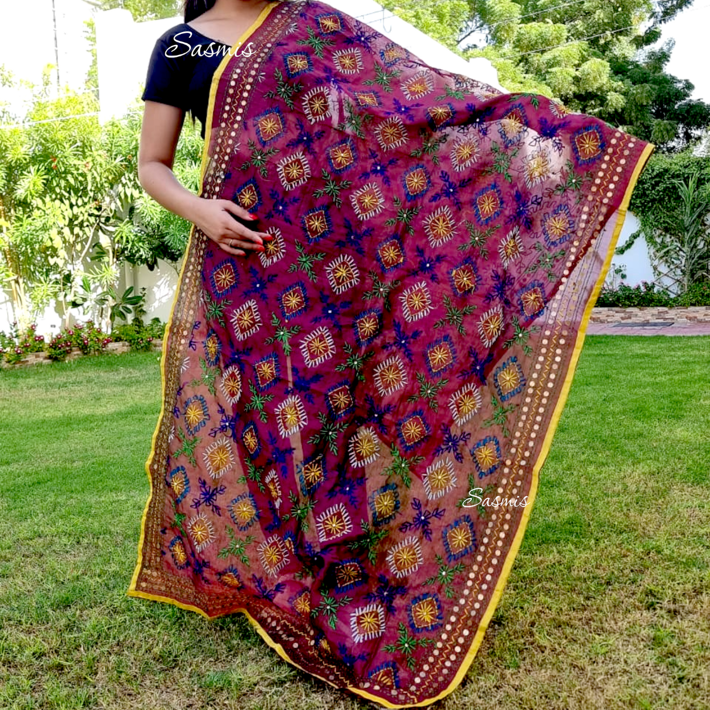 Maroon Color With Phulkari Embroidery Dupatta