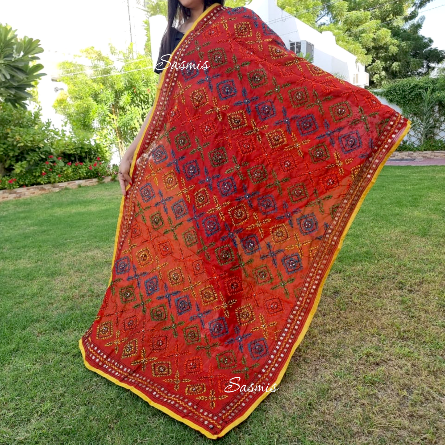 Orange Color Design Phulkari Embroidery Dupatta