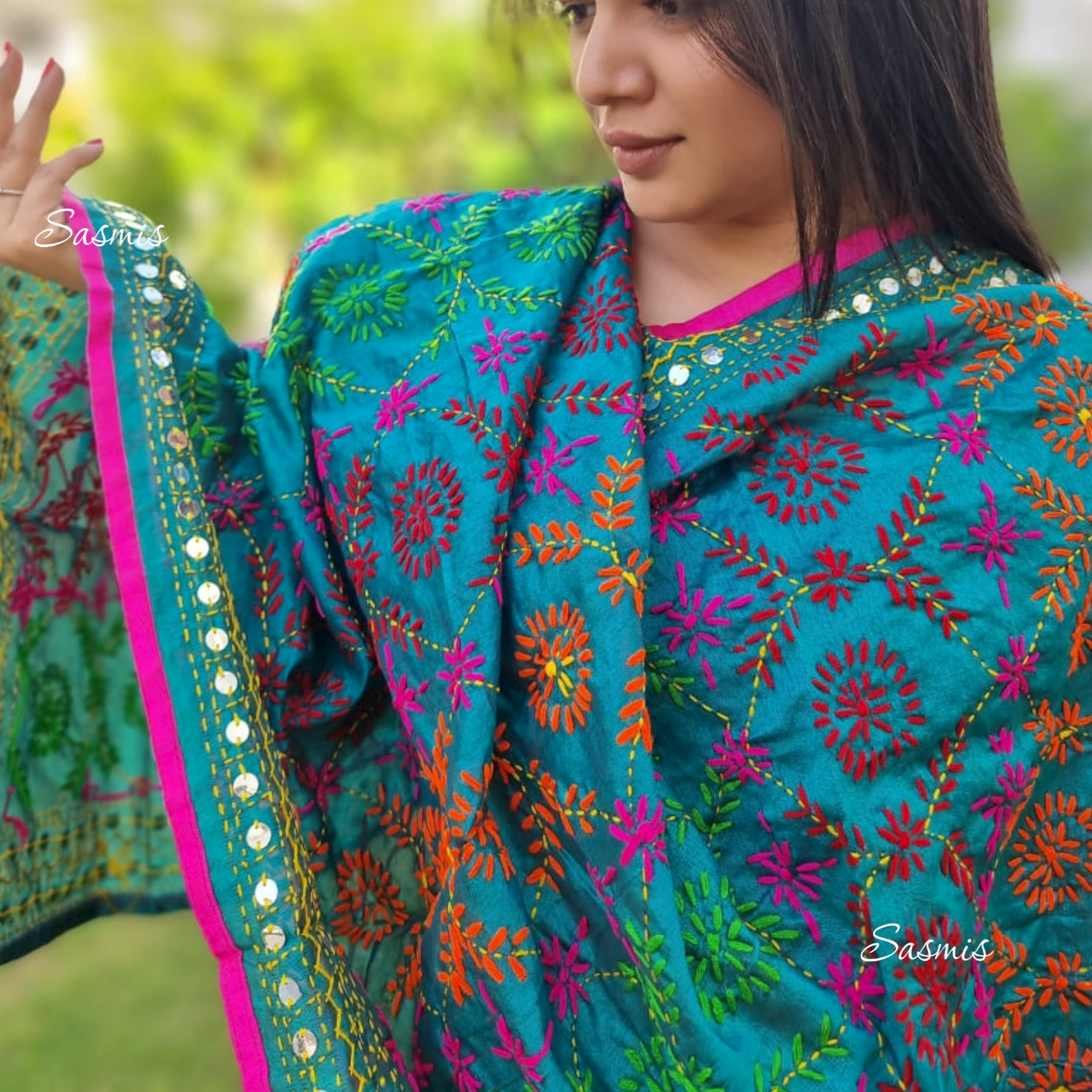 Blue Color Design Phulkari Embroidery Dupatta