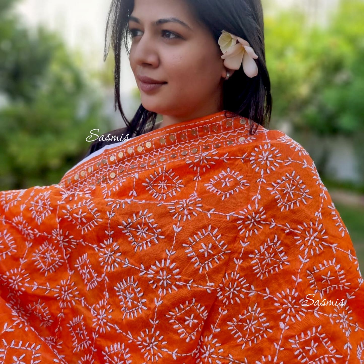 Orange and White Phulkari Embroidery Duppatta