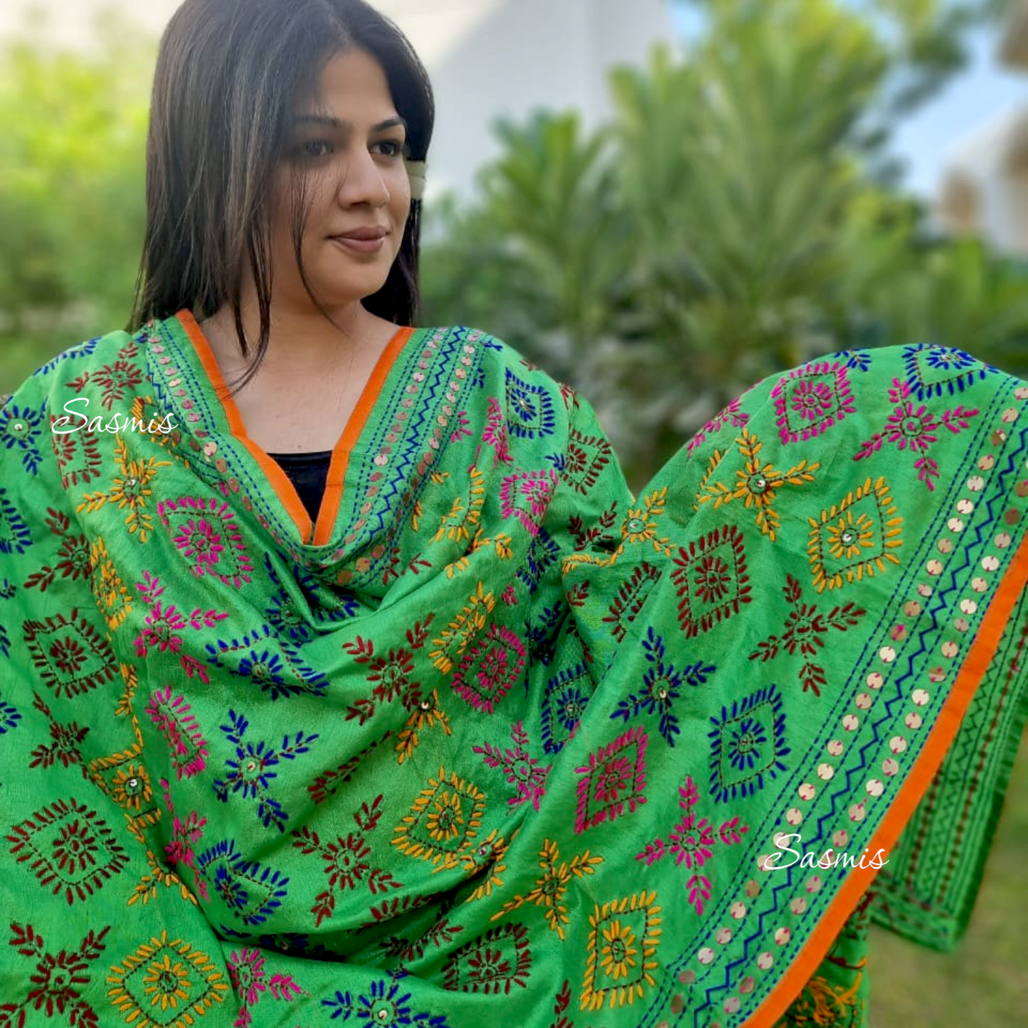 Green Color Design Phulkari Embroidery Dupatta
