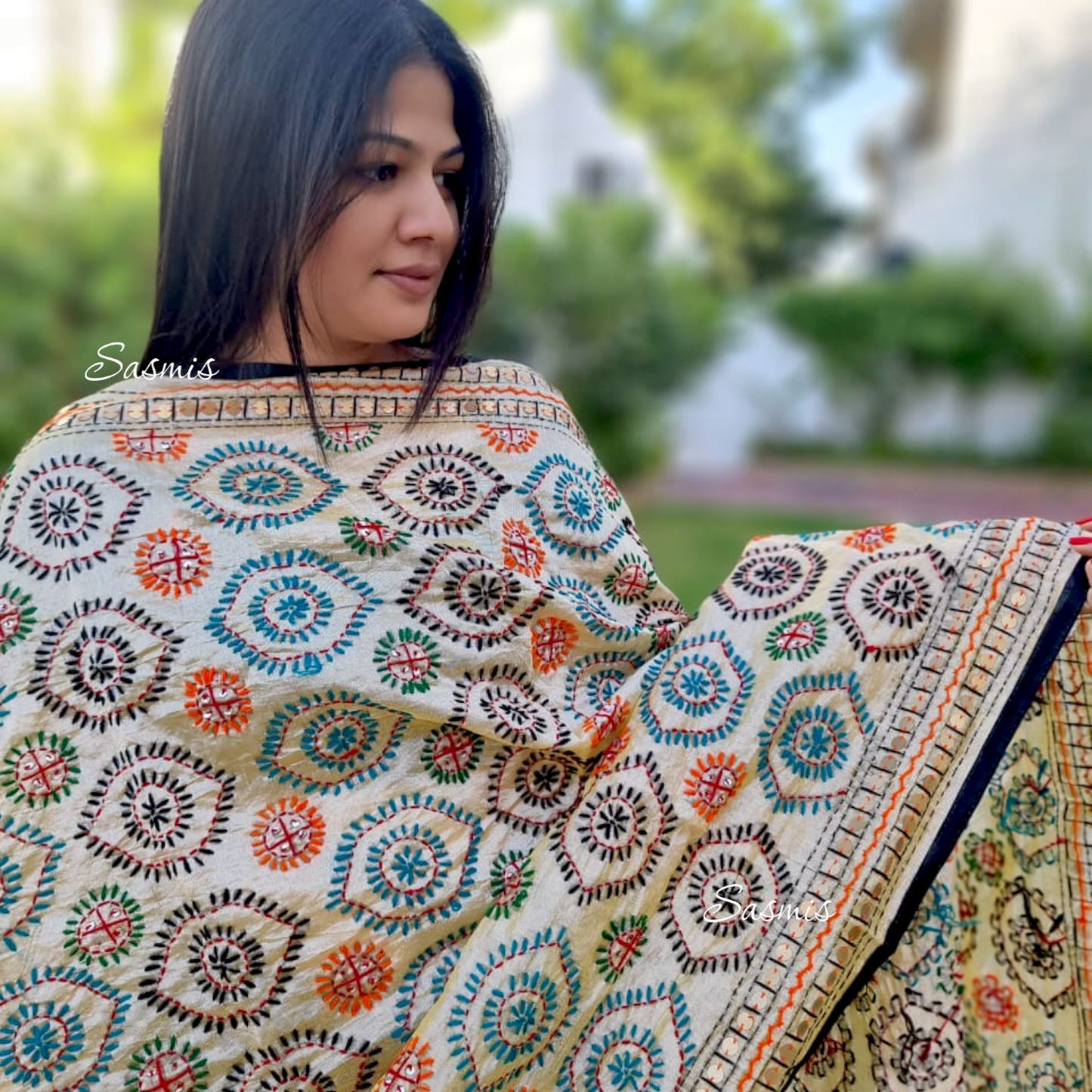 Beige Color Phulkari Embroidery Dupatta