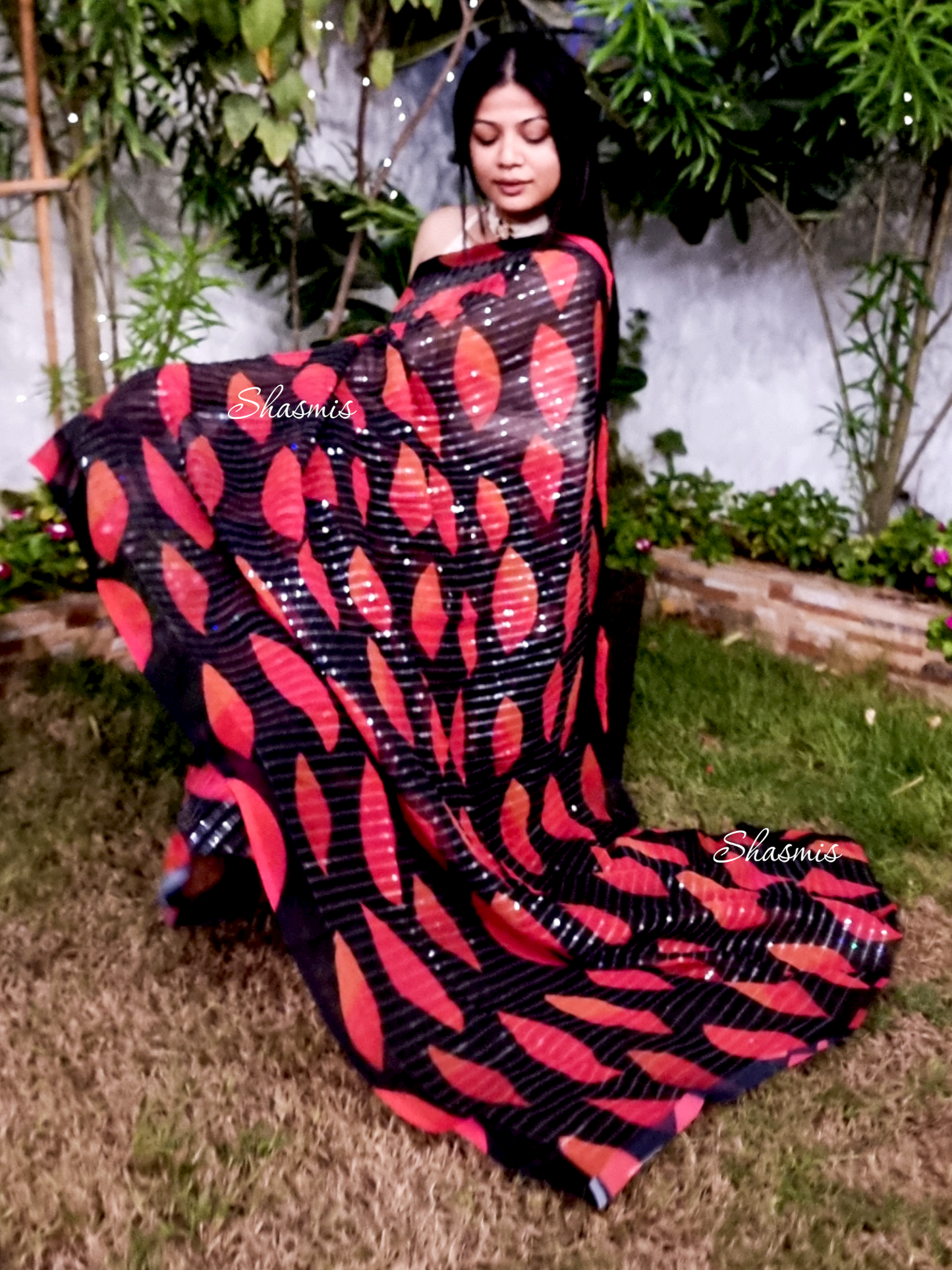 Red Orange and Black Color Seqin Saree