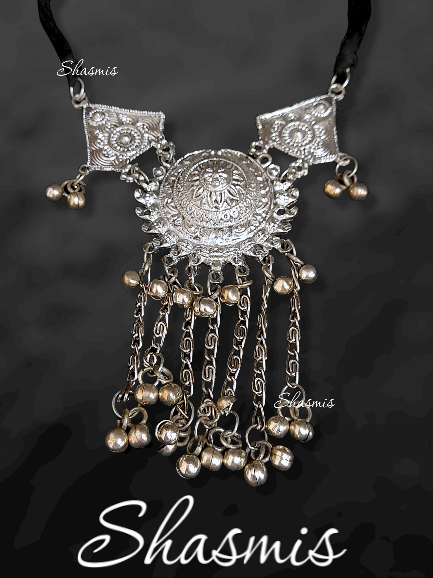 Silver Oxidised Necklace With Ghungroo On Drop