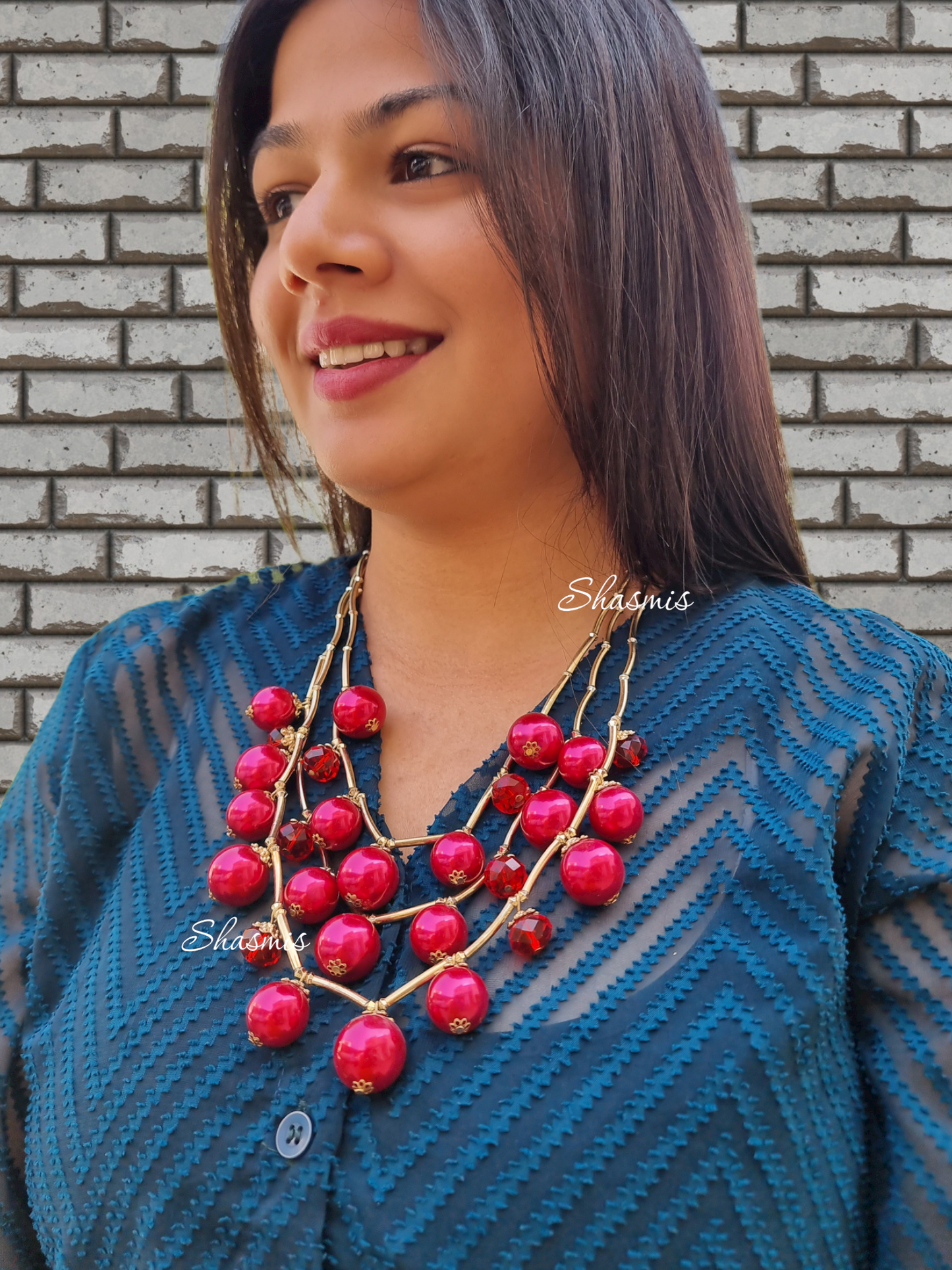 Red Color Sequence Ball Layer Necklace