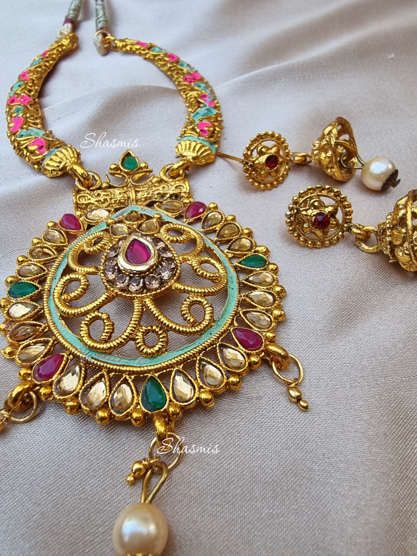 Temple Jewellery With Pearl On Drop and Earrings
