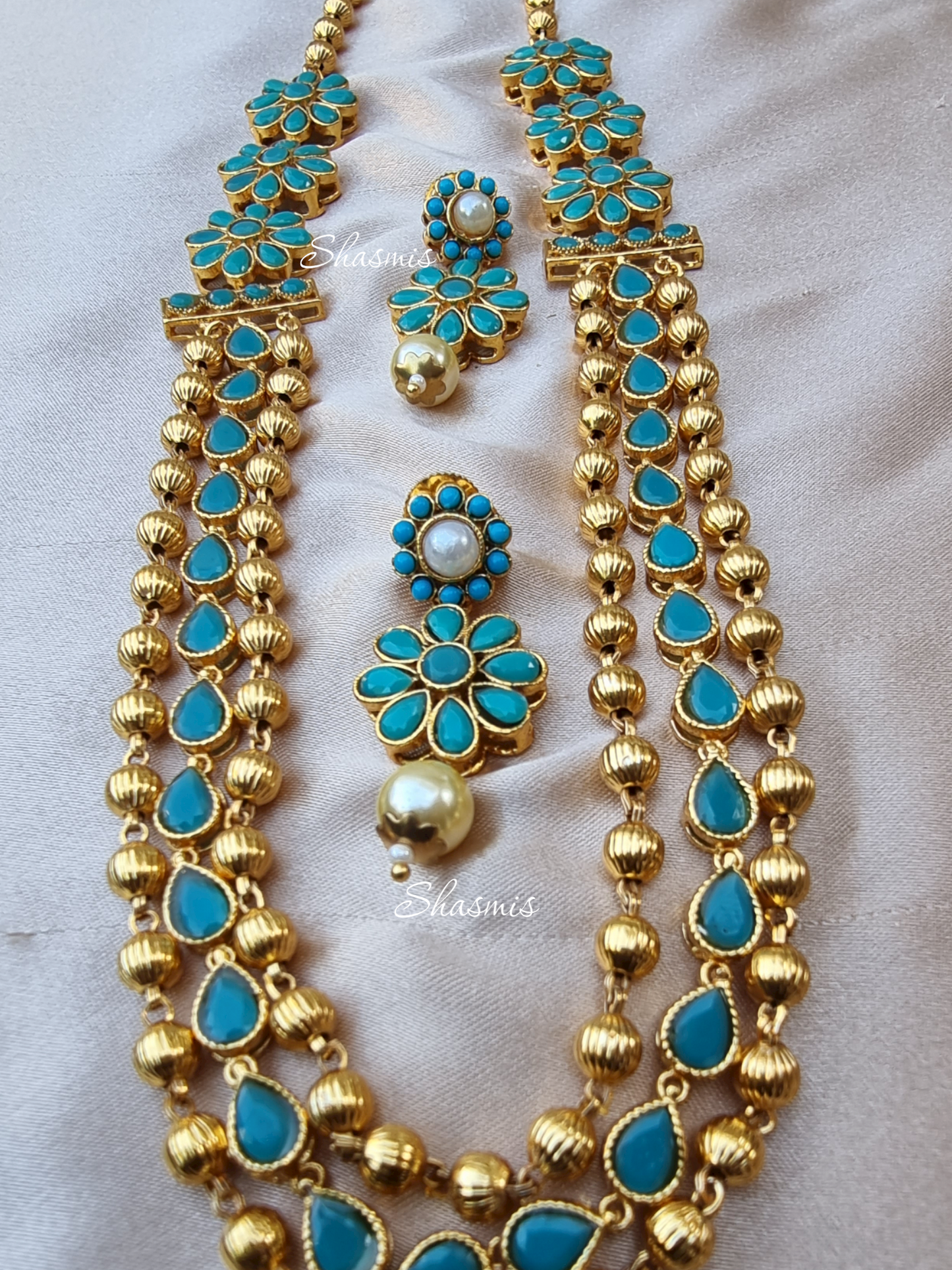 Turquoise Color Gold Plated Necklace With Earrings