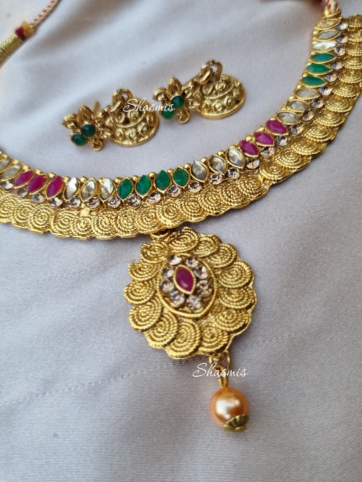 Gold Plated Ruby and Green Stone Choker With Earrings