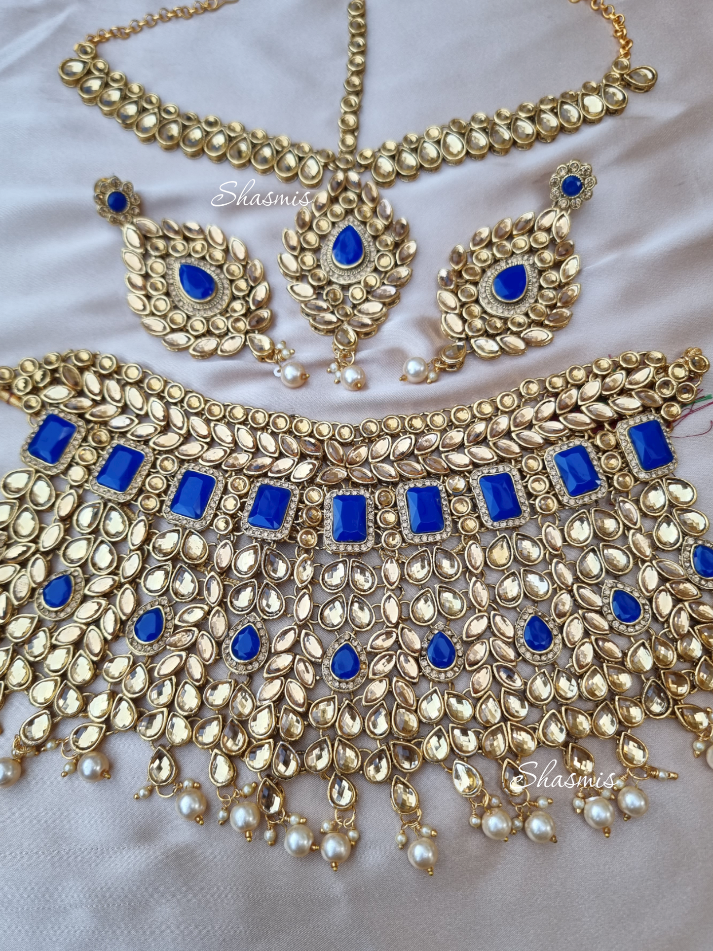 Blue Stones Heavy Bridal Necklace With Mathapatti and Earrings