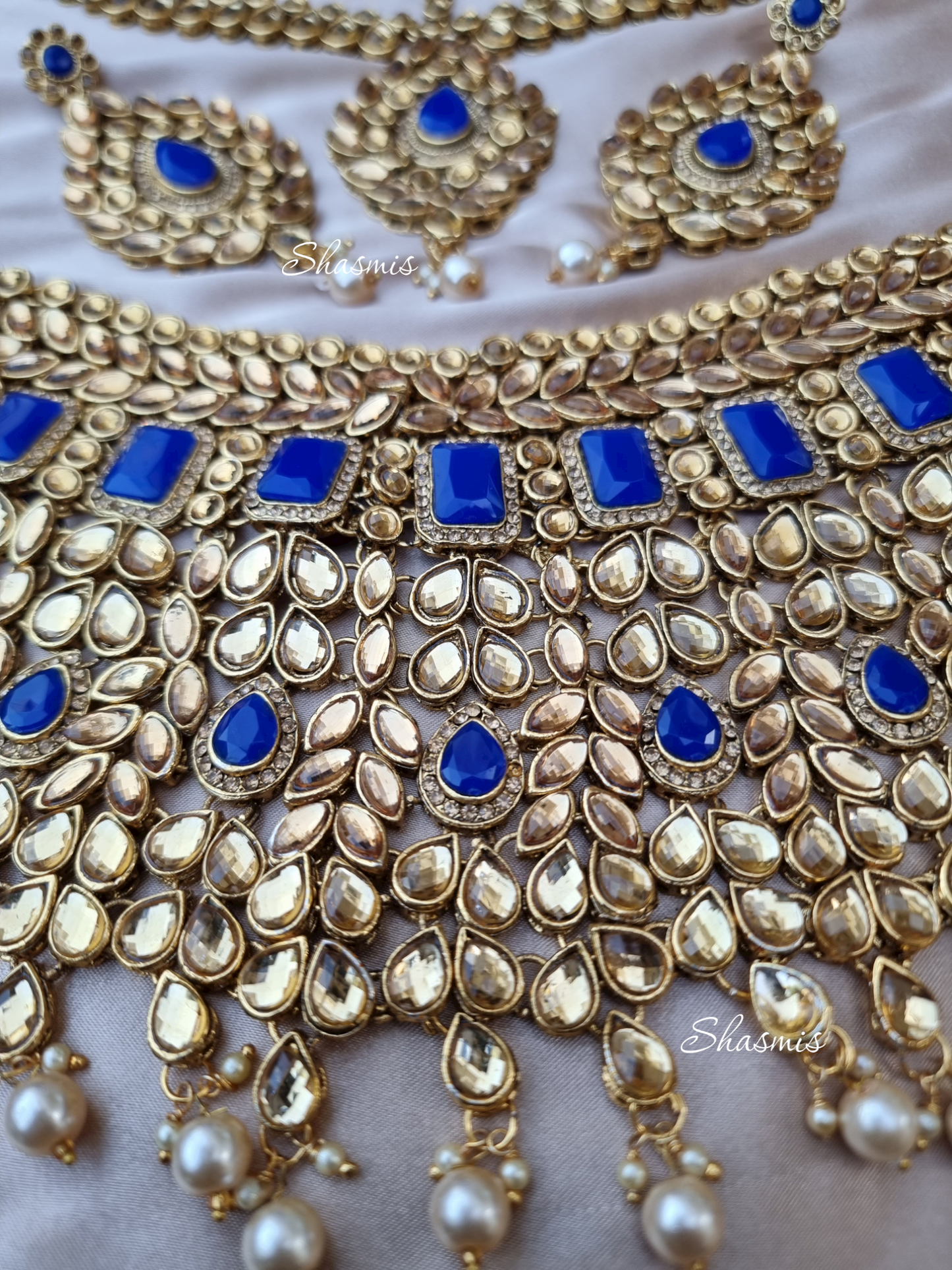Blue Stones Heavy Bridal Necklace With Mathapatti and Earrings