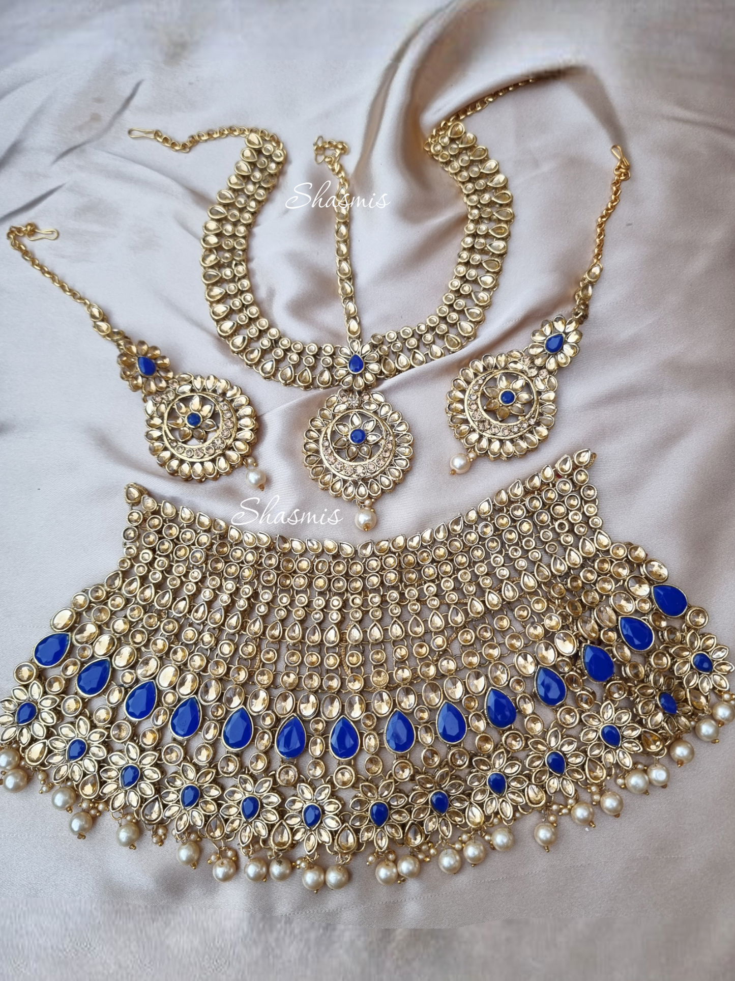 Blue Color Heavy Bridal Necklace, Mathapatti and Earrings With Chain