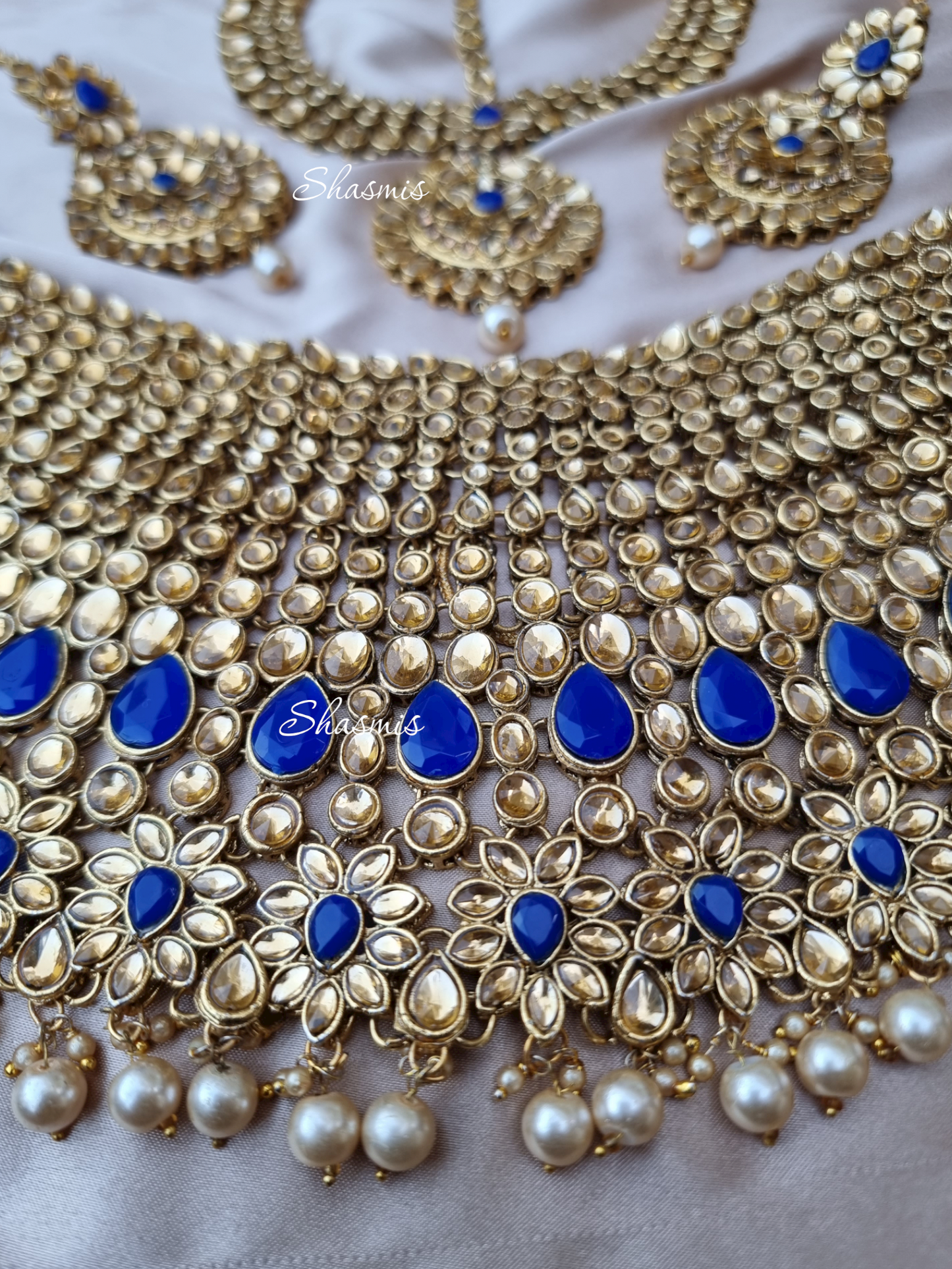Blue Color Heavy Bridal Necklace, Mathapatti and Earrings With Chain