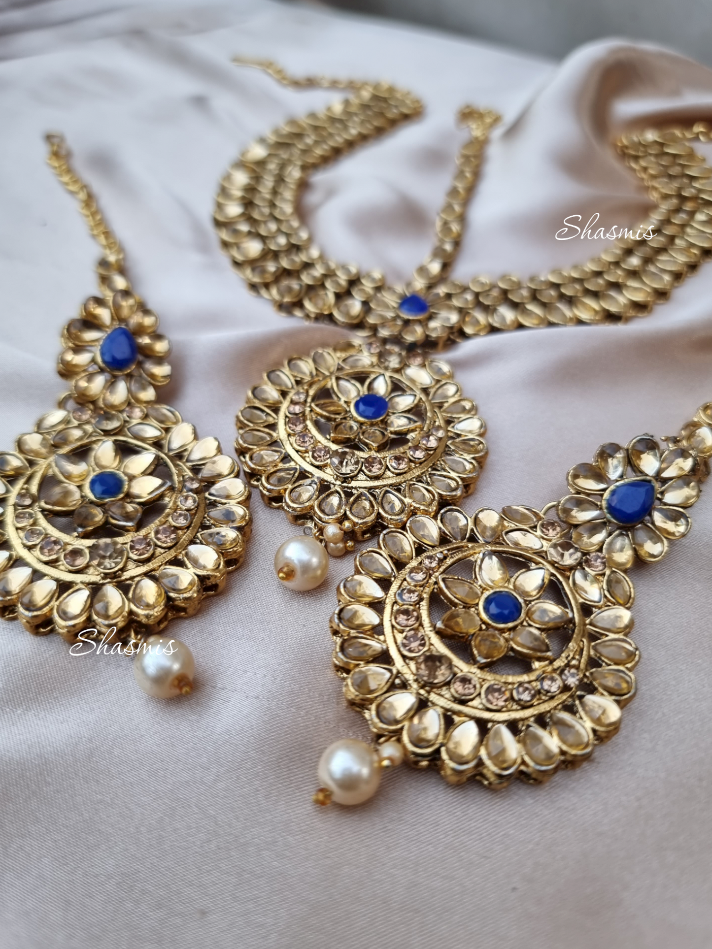Blue Color Heavy Bridal Necklace, Mathapatti and Earrings With Chain