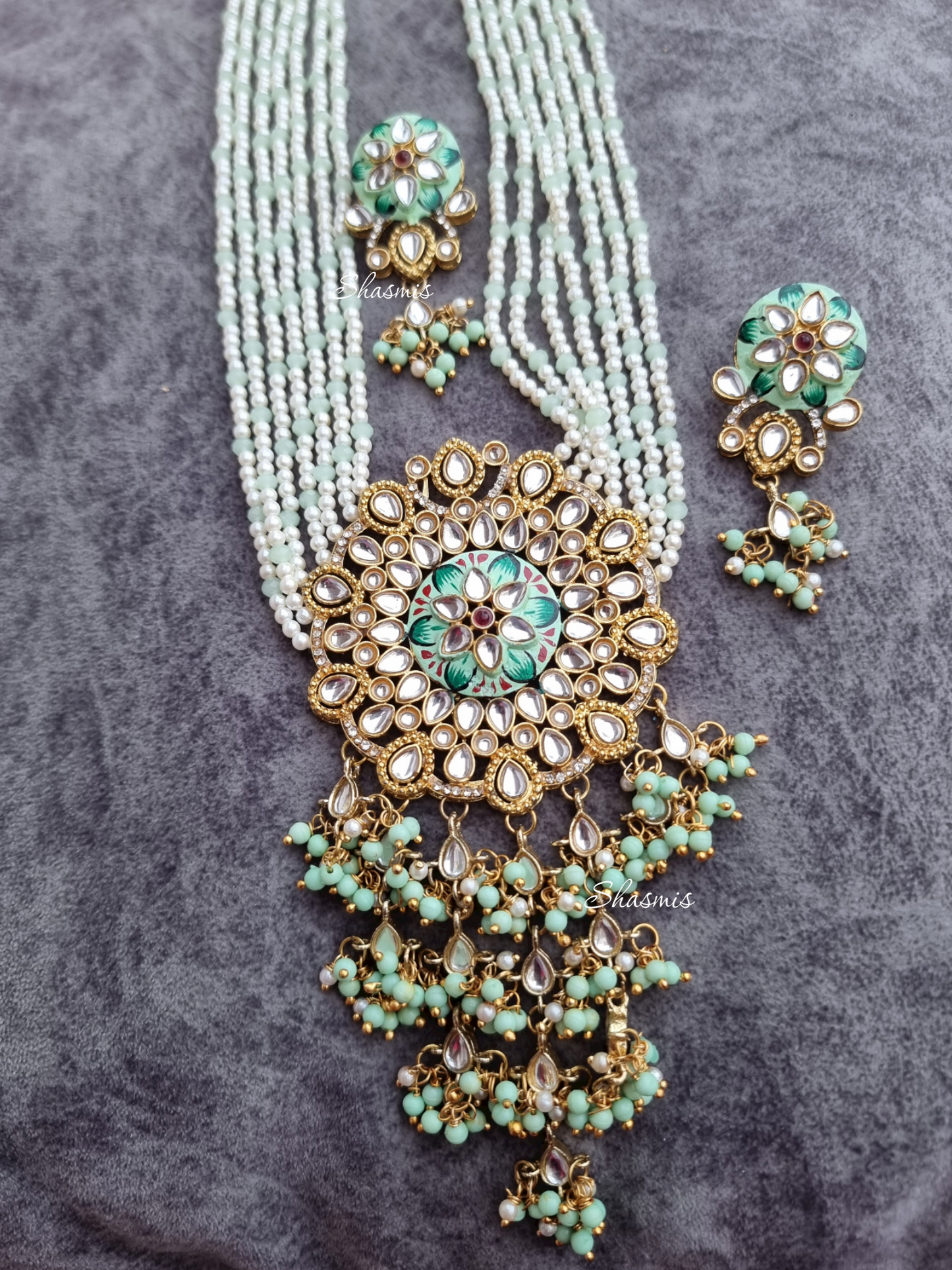 Mint Green Long Kundan Necklace With Pearl On Drop
