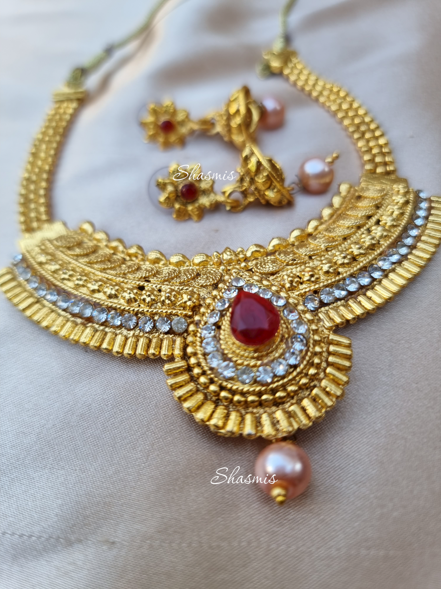 Ruby On Centre Temple jewellery With Earrings