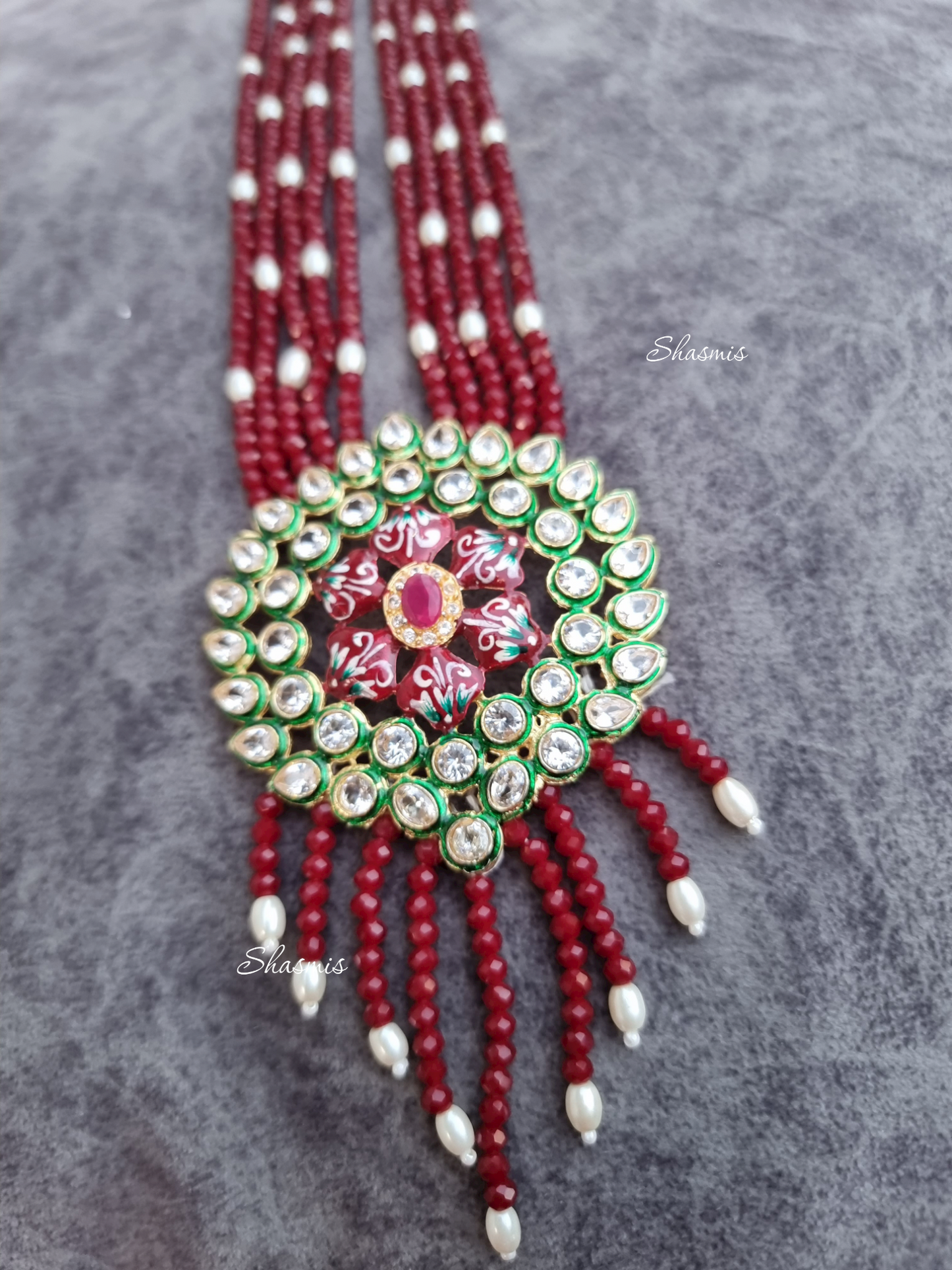 Maroon Color Long Beaded and Polki Kundan Necklace With Hand Printed Design