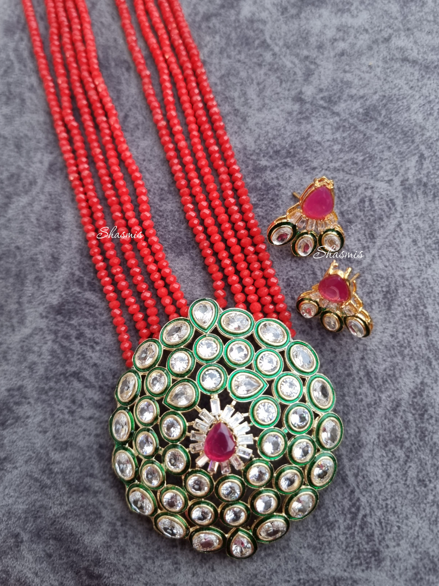 Red Color Long Beaded Polki Kundan Necklace With Earrings