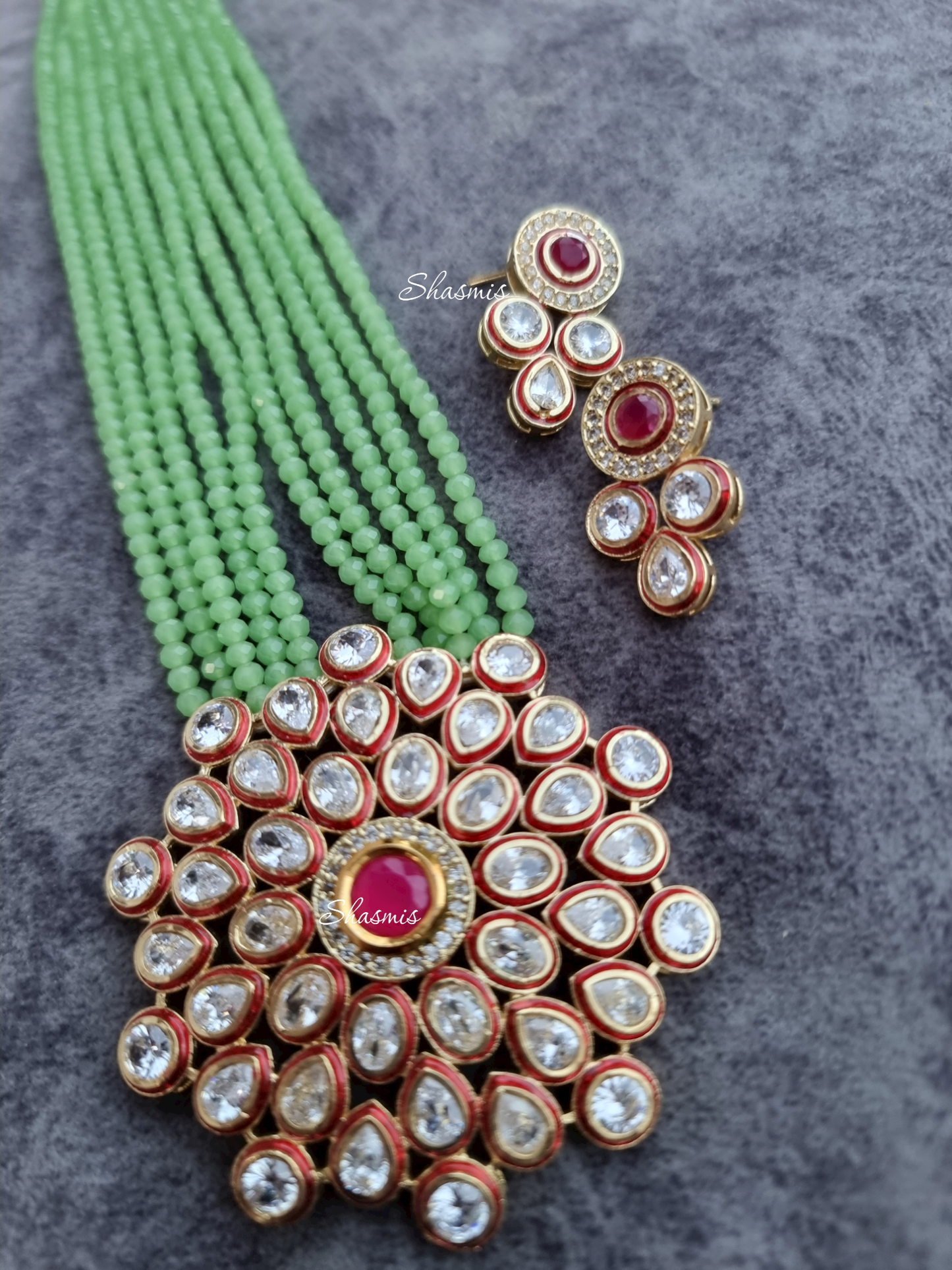 Mint Green Color Beaded Necklace And Earrings With Premium Quality Kundan