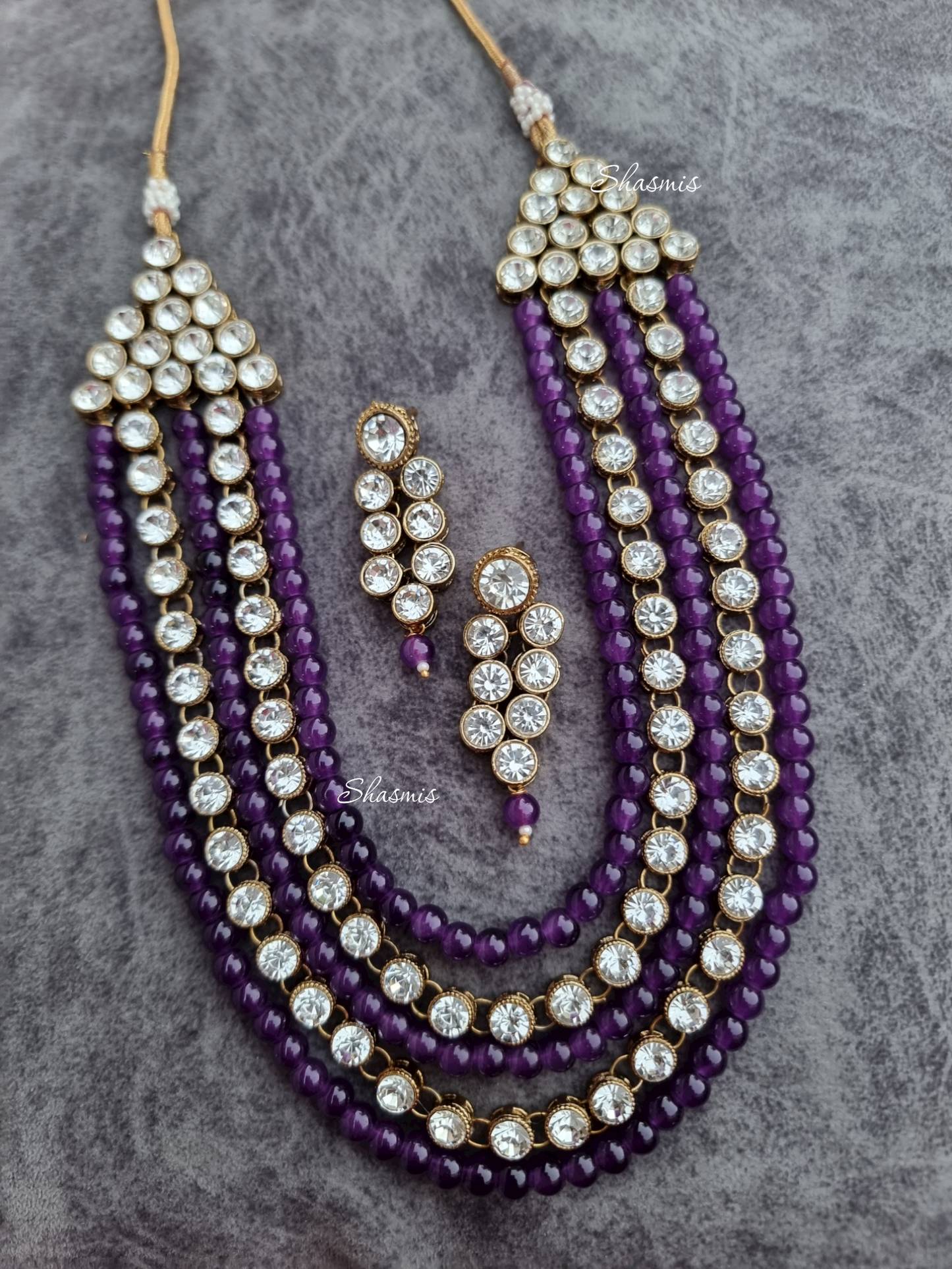 Purple Color Glass Kundan Necklace With Earrings