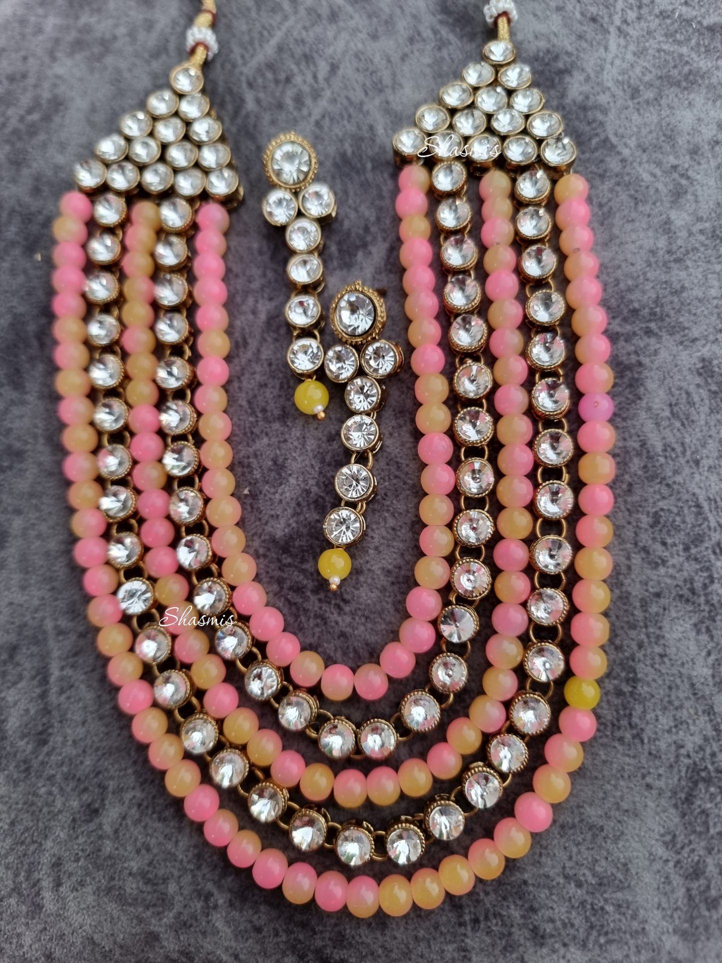 Pink And Yellow Color Glass Kundan Layer Necklace