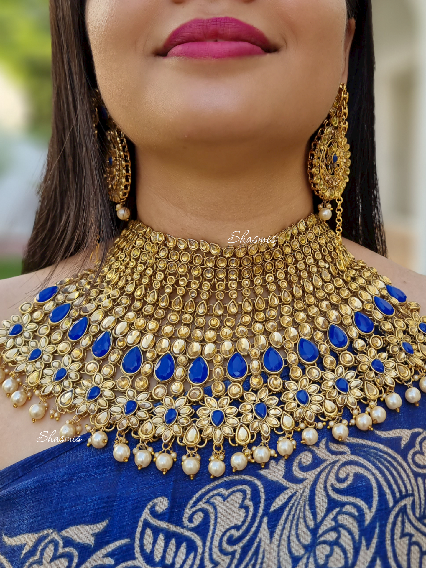 Blue Color Heavy Bridal Necklace, Mathapatti and Earrings With Chain