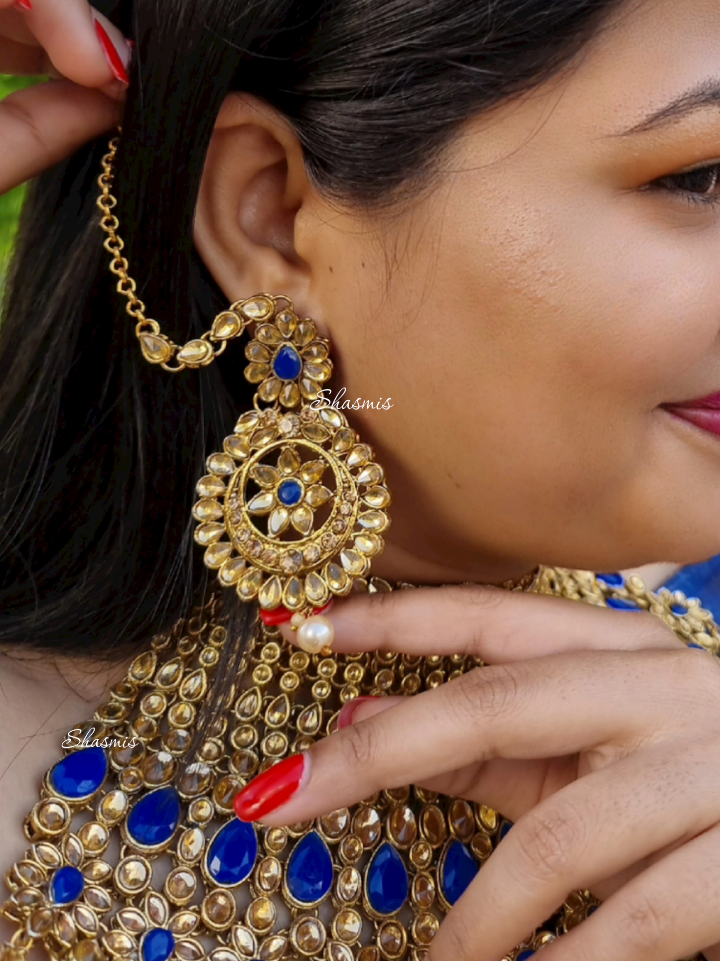 Blue Color Heavy Bridal Necklace, Mathapatti and Earrings With Chain