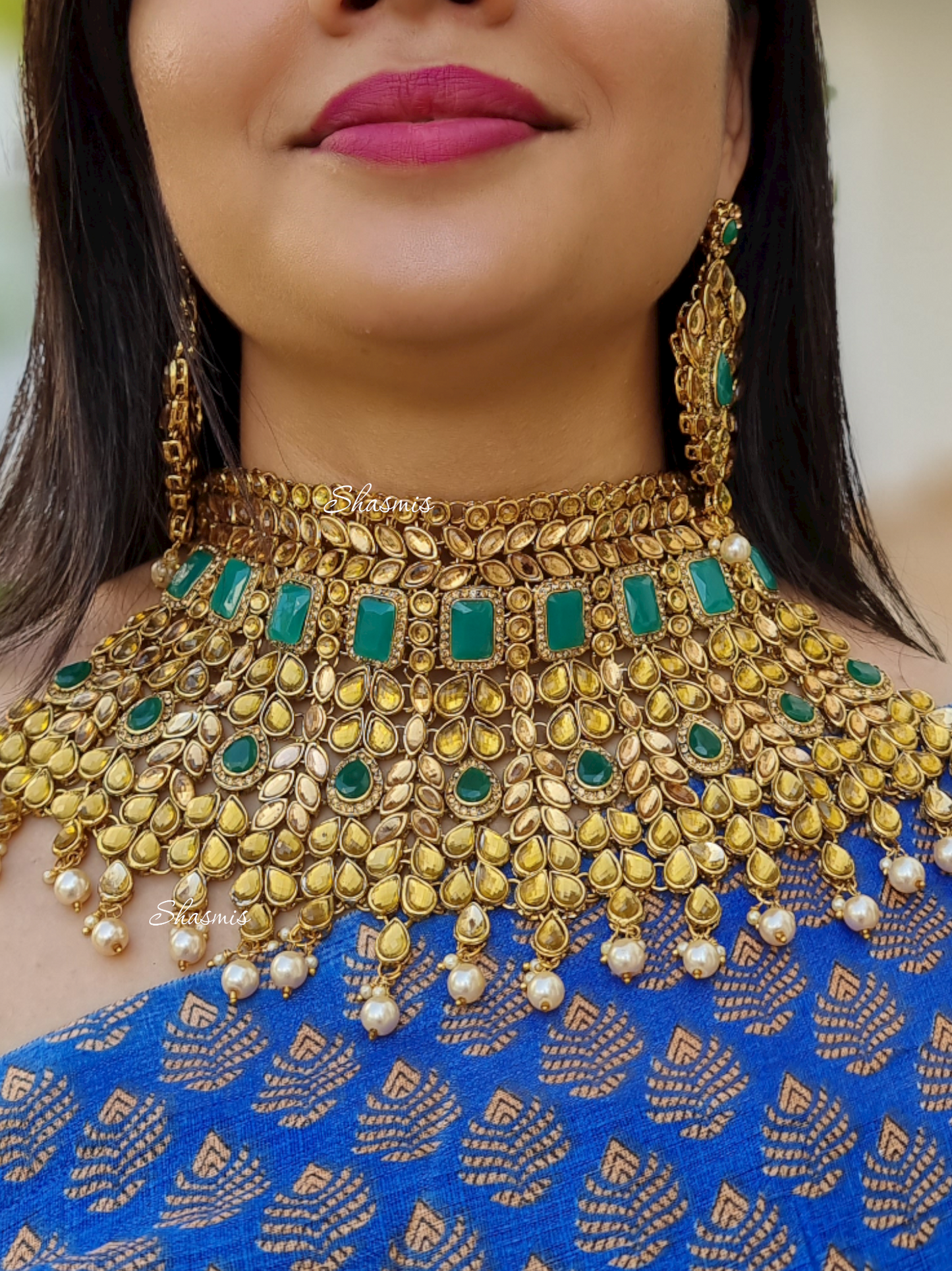 Green Color Amazing Heavy Bridal Necklace, Mathapatti and Earrings