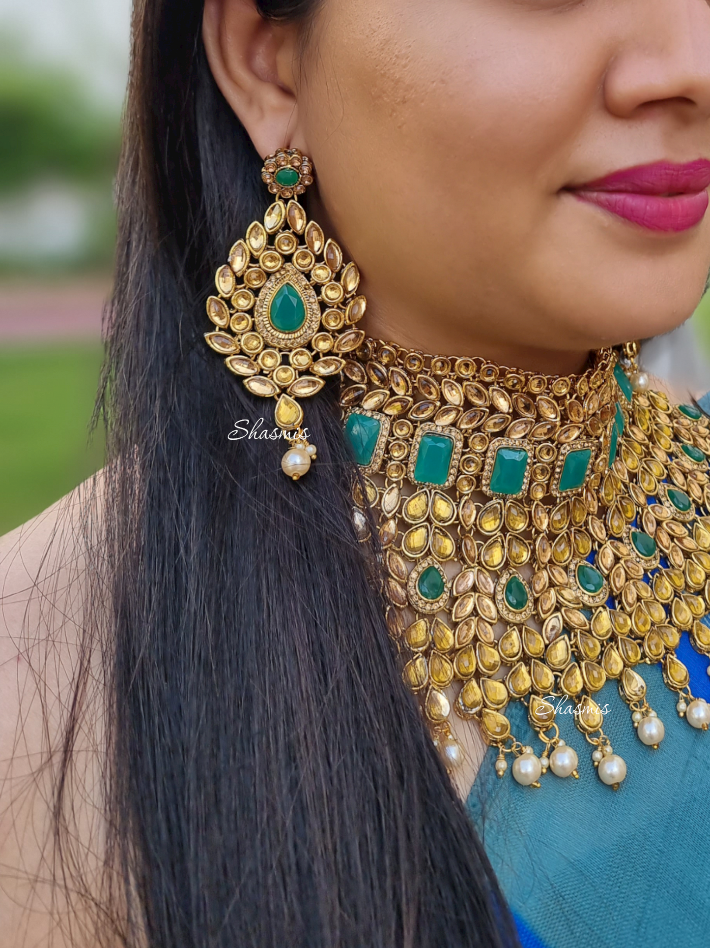 Green Color Amazing Heavy Bridal Necklace, Mathapatti and Earrings
