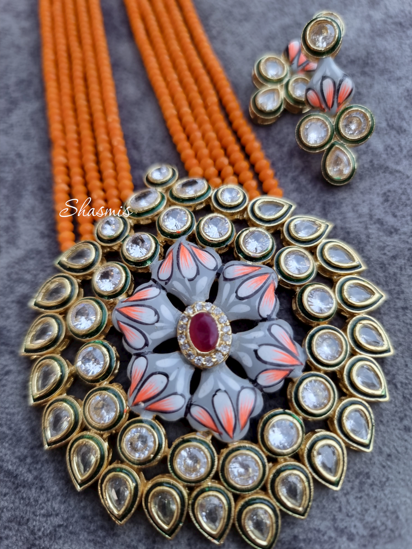 Orange Color Long Kundan Necklace And Earrings, Polki Kundan, Premium Quality