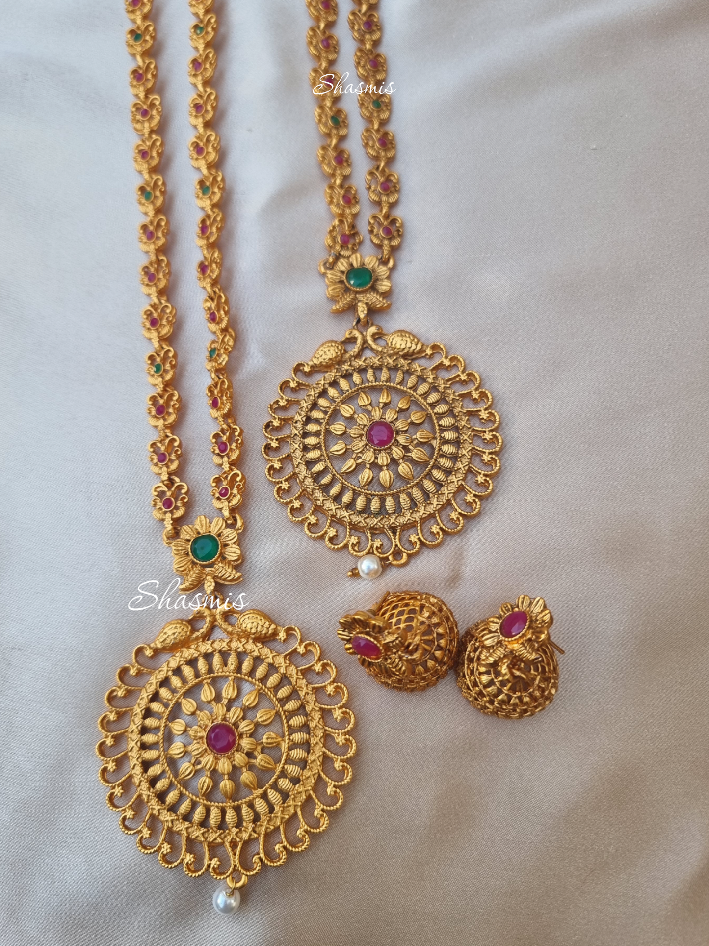 Traditional Gold Plated Temple Double Necklace With Earrings