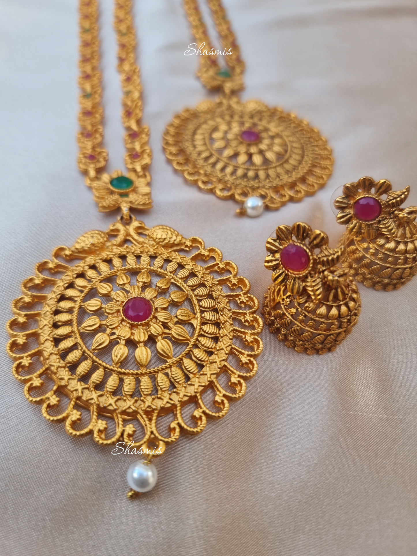 Traditional Gold Plated Temple Double Necklace With Earrings