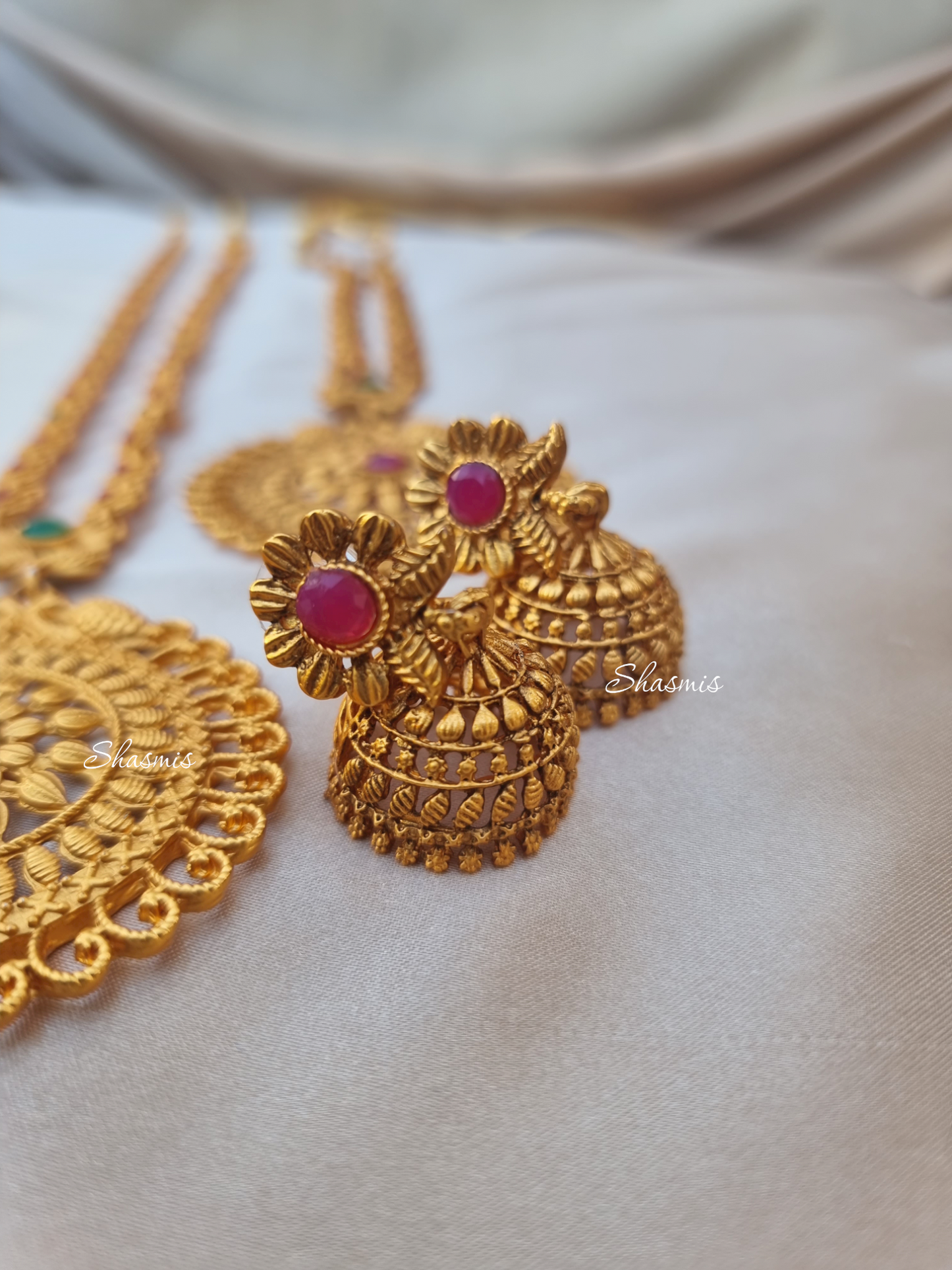 Traditional Gold Plated Temple Double Necklace With Earrings