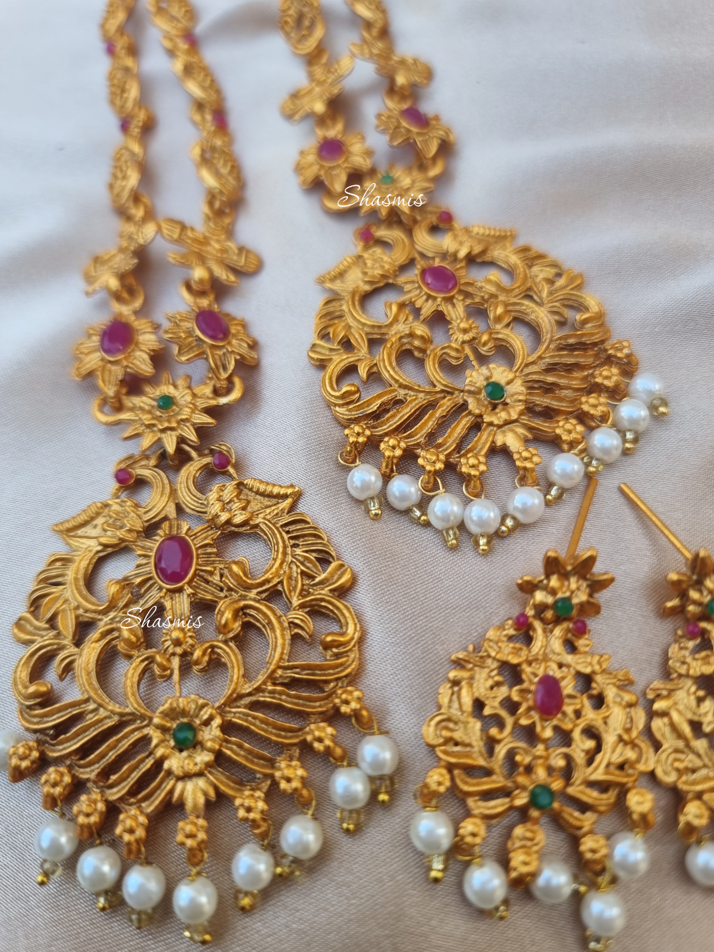 Gold Plated Design Double Necklace Temple Jewellery With Earring