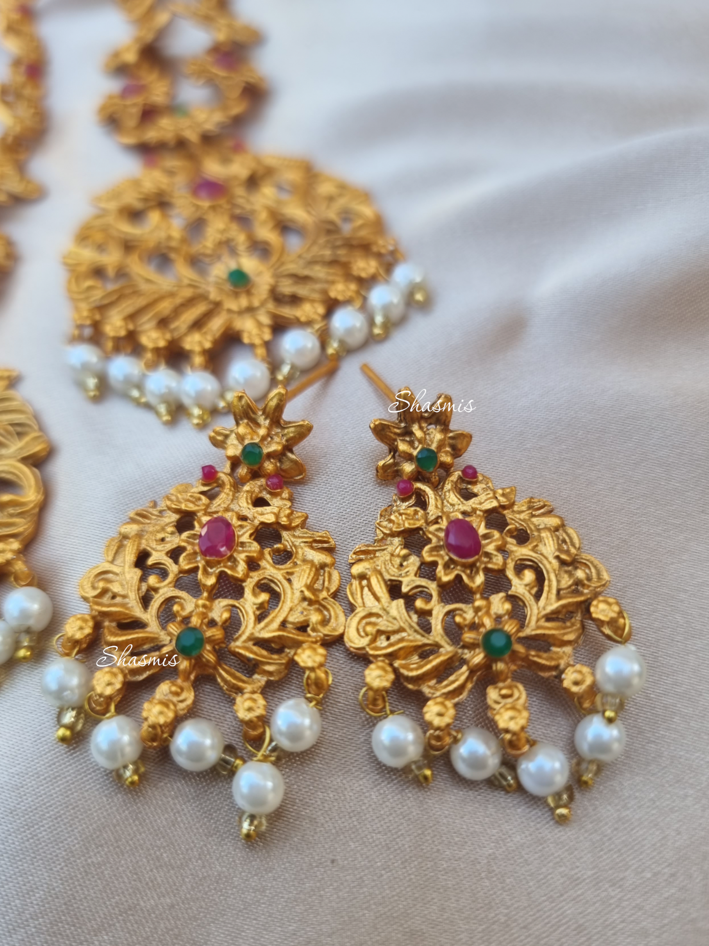 Gold Plated Design Double Necklace Temple Jewellery With Earring