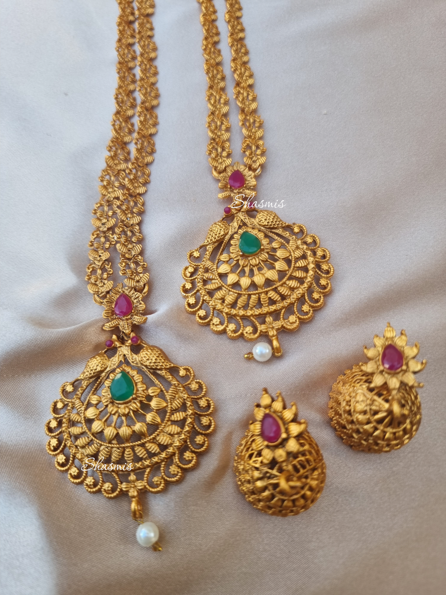 Elegant Double Necklace Temple Jewellery With Earring