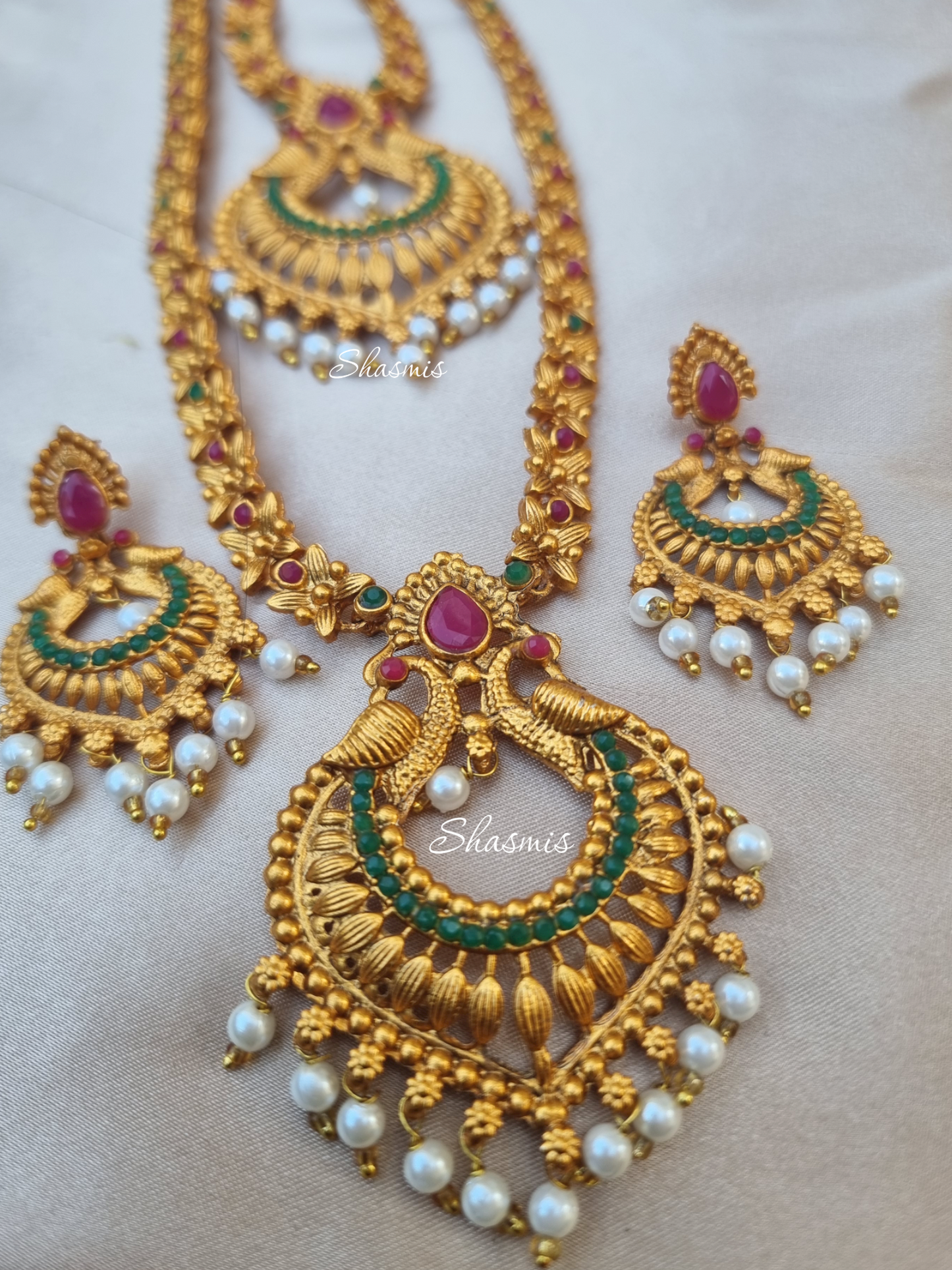 Green Stone Gold Plated Double Necklace With Earrings