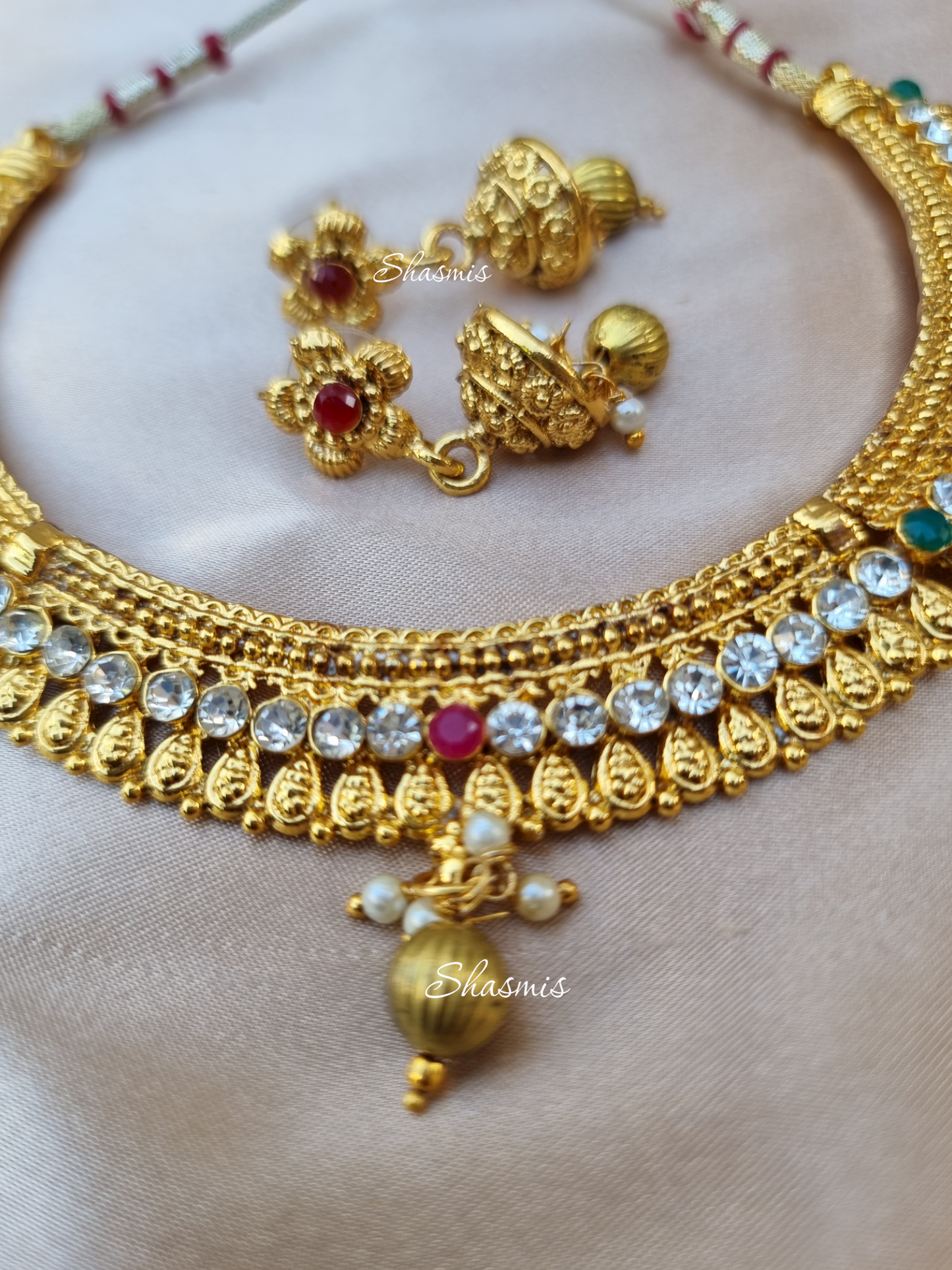 Gold Plated Stone Choker With Earrings