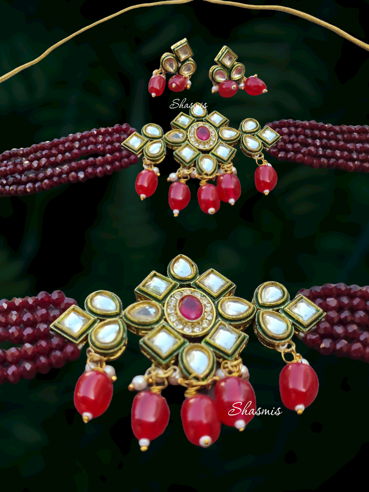 Beads Kundan Necklace With Earrings