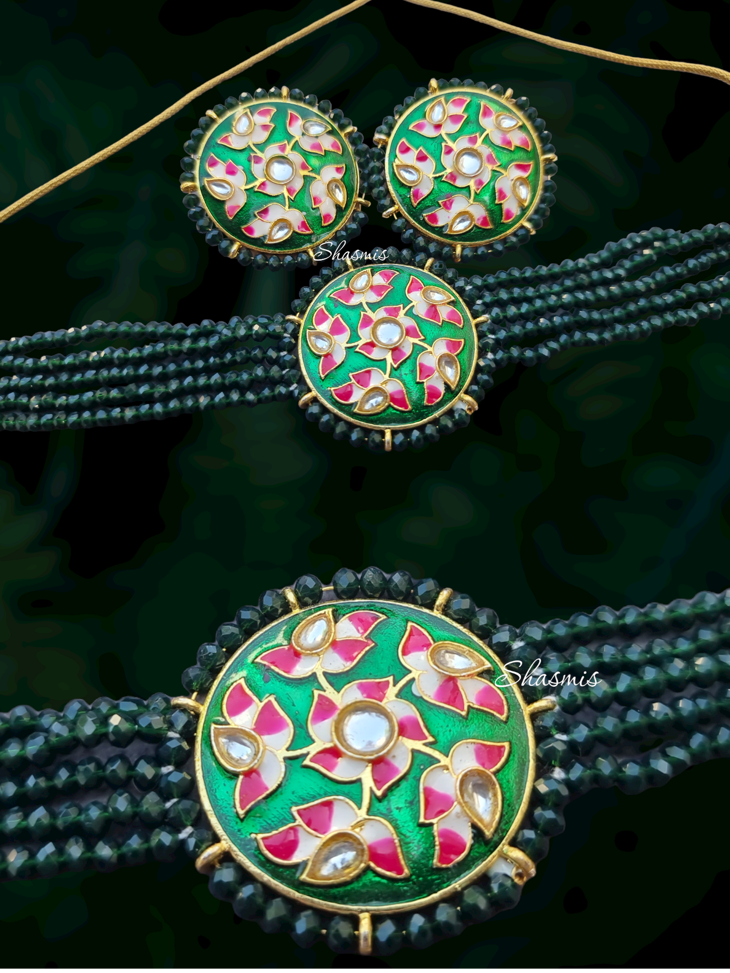 Black And Pink Kundan Work Design Choker With Earrings