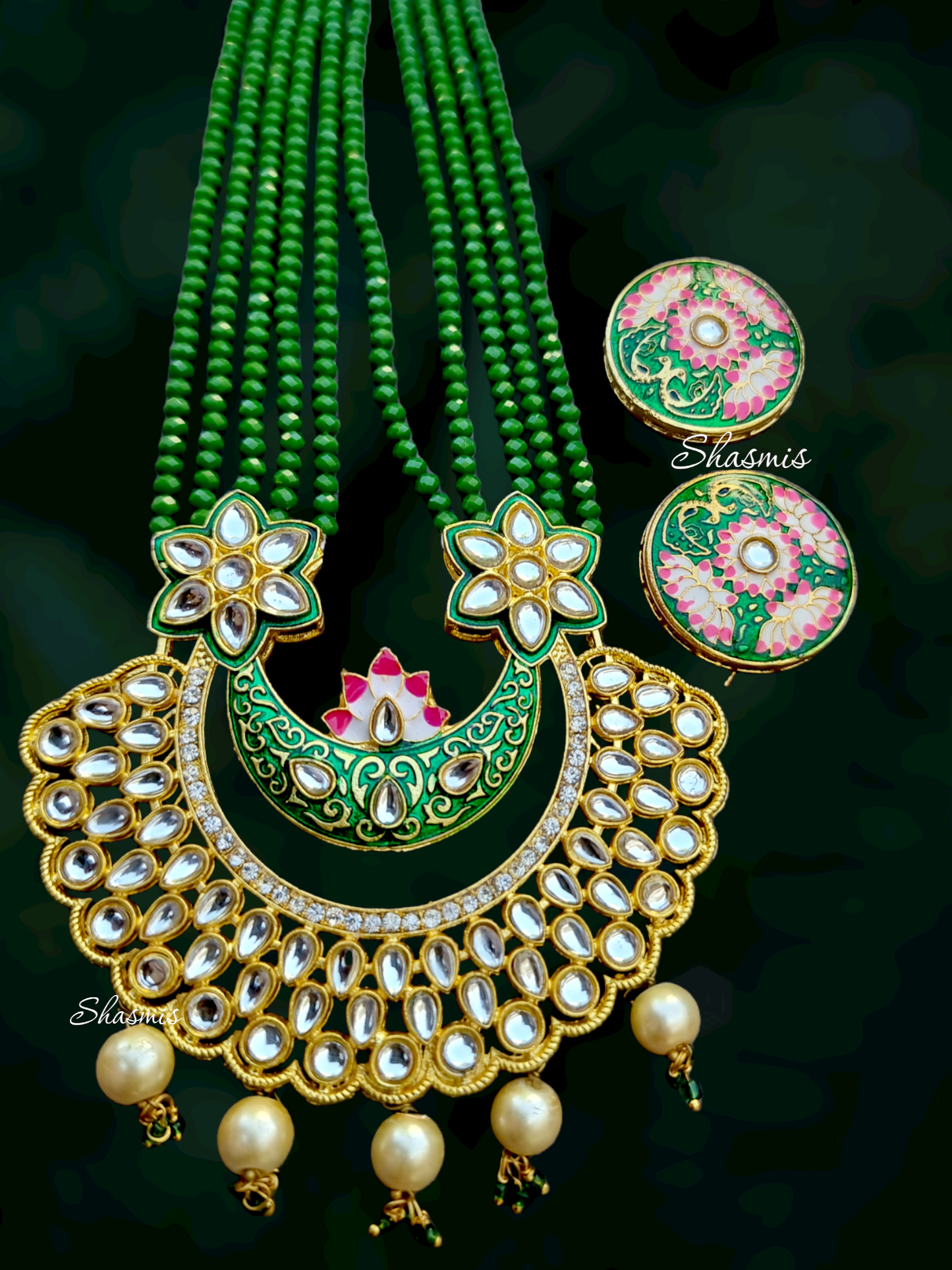 Kundan Design Long Chand Bali Necklace With Earrings