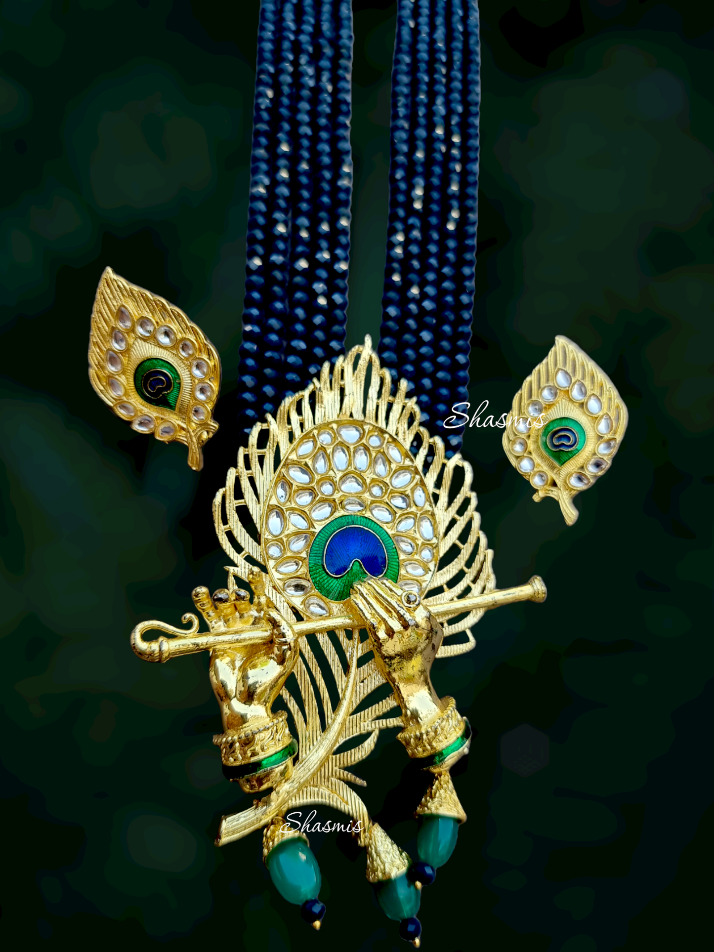 Long Peacock Feather Beaded Necklace With Earrings